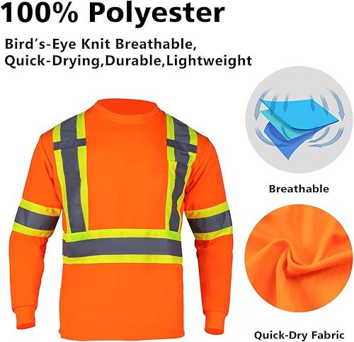 Miniatura 4 de VENDACE Camiseta de trabajo de seguridad de alta visibilidad para hombre, ANSI Clase 3, camisa de manga larga reflectante con bolsillo (naranja, 2XL)