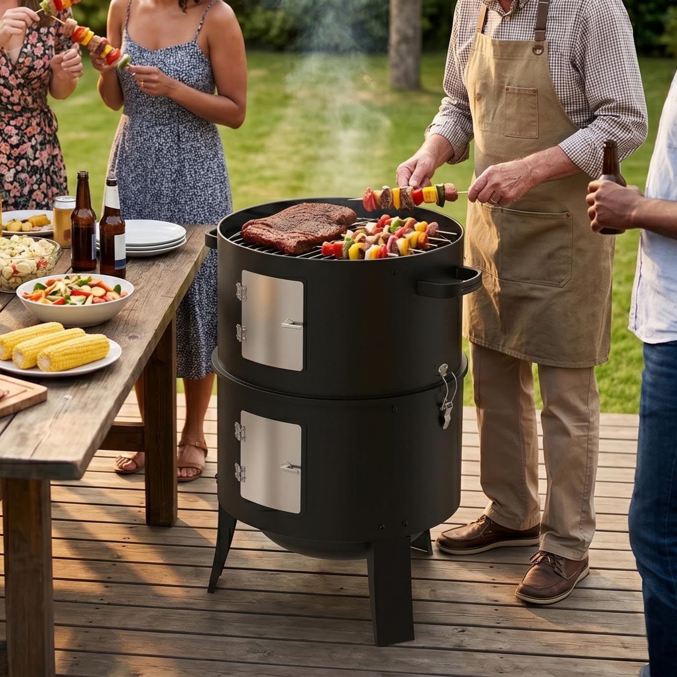 Ahumador de carbón de 16 pulgadas, parrilla vertical para barbacoa, hoguera al aire libre de 402 pulgadas cuadradas, área de cocción, parrilla versátil para ahumar al aire libre, color negro