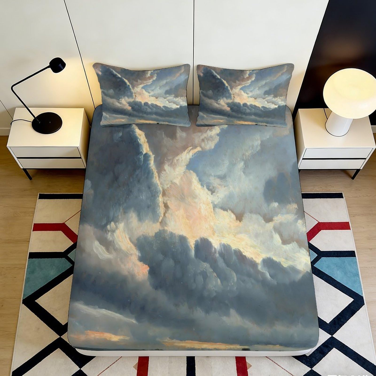 3D Printed Cloud Sky Fitted Sheet Microfiber Bedroom Decor Stormy Clouds Mattress Cover for Home Dorm Protection 180x200x25cm