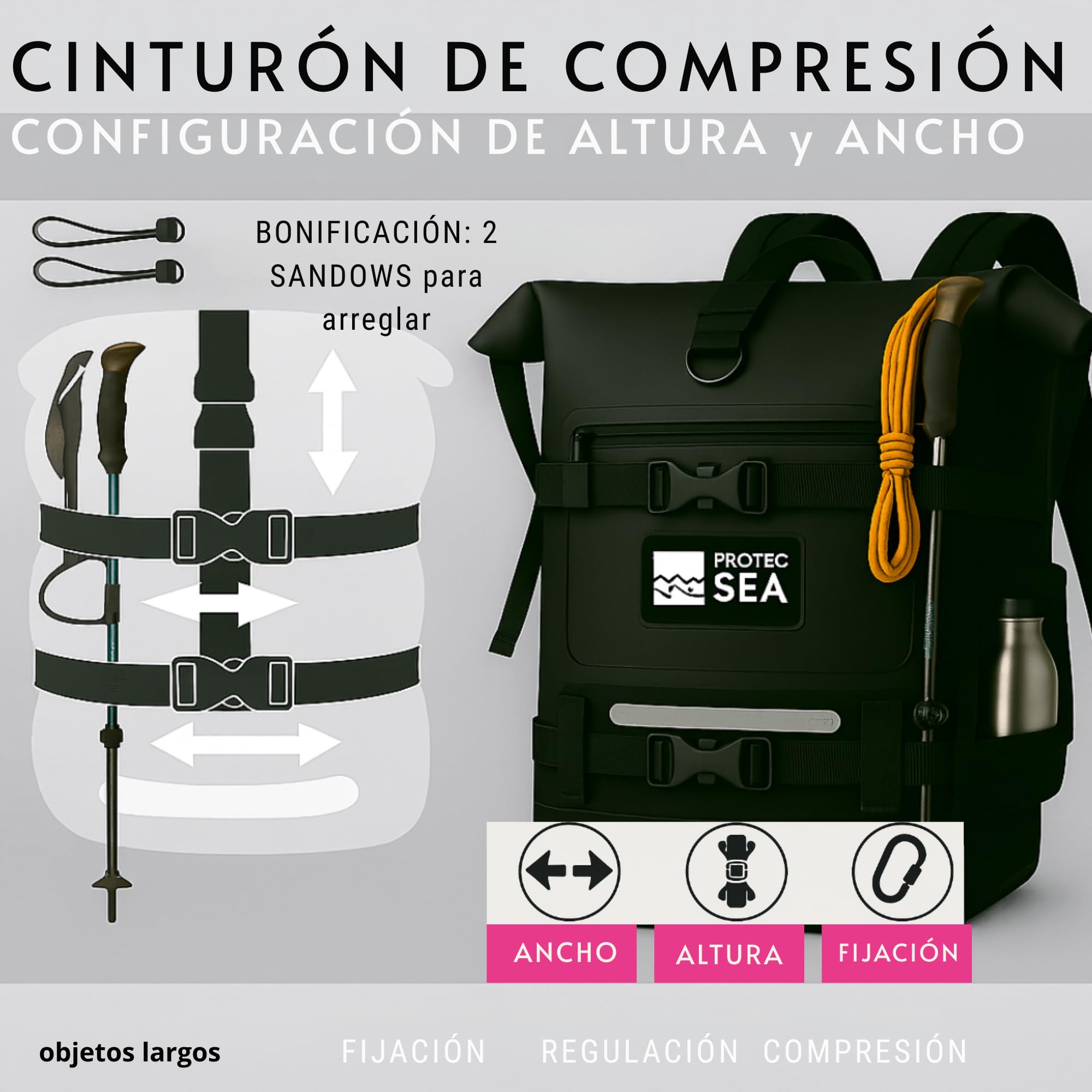 Bolsa de senderismo para mochila y bolsa impermeable | Cremallera de zinc anticorrosión impermeable | Volumen ajustable 20L a 40L | Cómodo transporte | Fijaciones Molle | Bolsillos