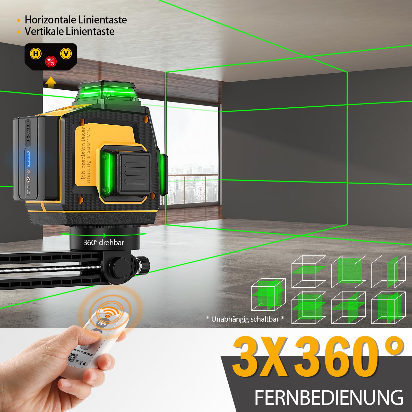 Nivel Laser 360 Autonivelante, 3x360° (hasta 37 horas) Nivel Láser Verdes, 12 Líneas Nivelador Laser, Recargable, Brillo ajustable, Control remoto, Conmutable, Para Uso Doméstico y Exterior