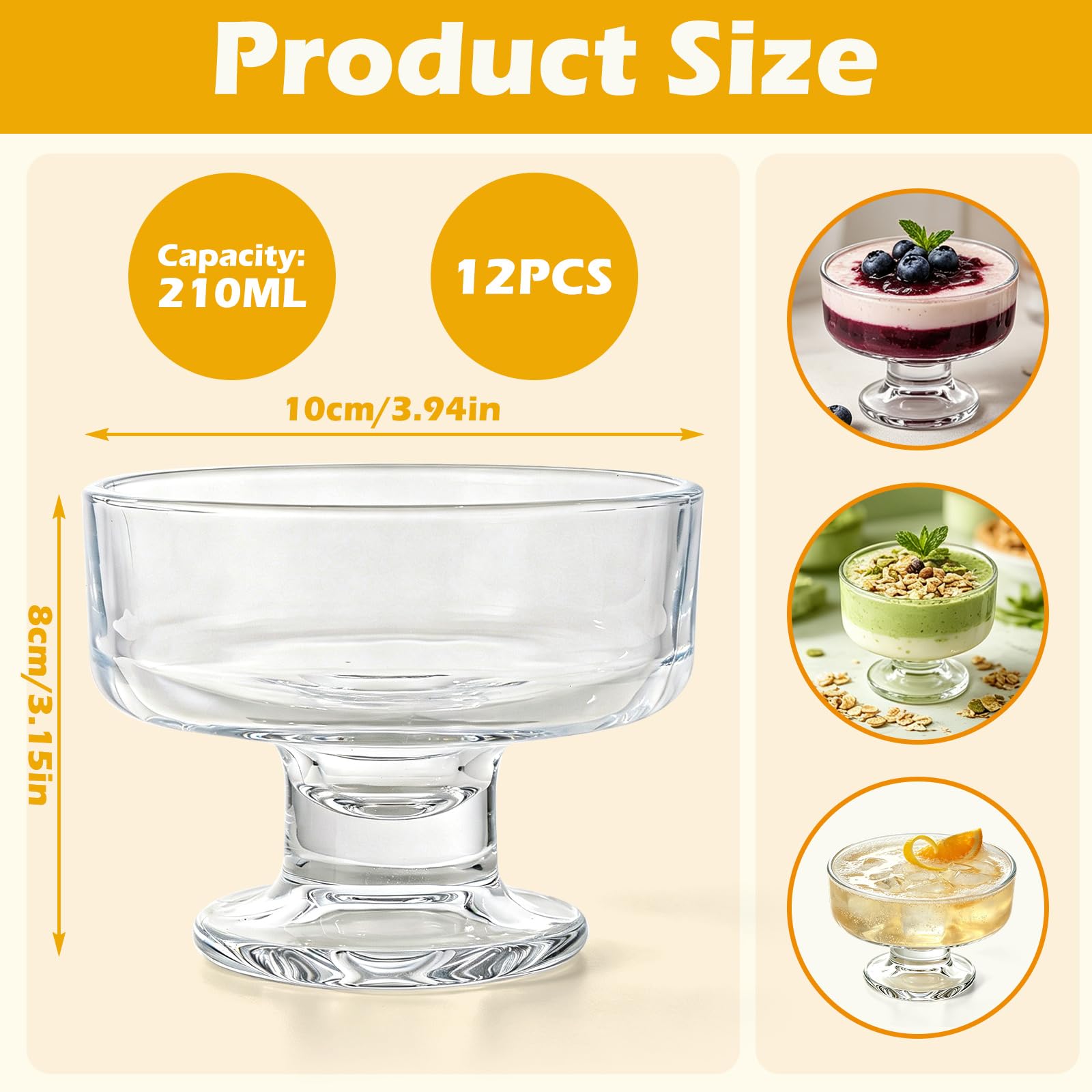 Set di 12 tazze da dessert, ciotole in vetro trasparente con base per gelato, bicchieri da cocktail di gamberi, piatti da portata da 210 ml, per macedonie, budini, gelatine, gelate e feste di
