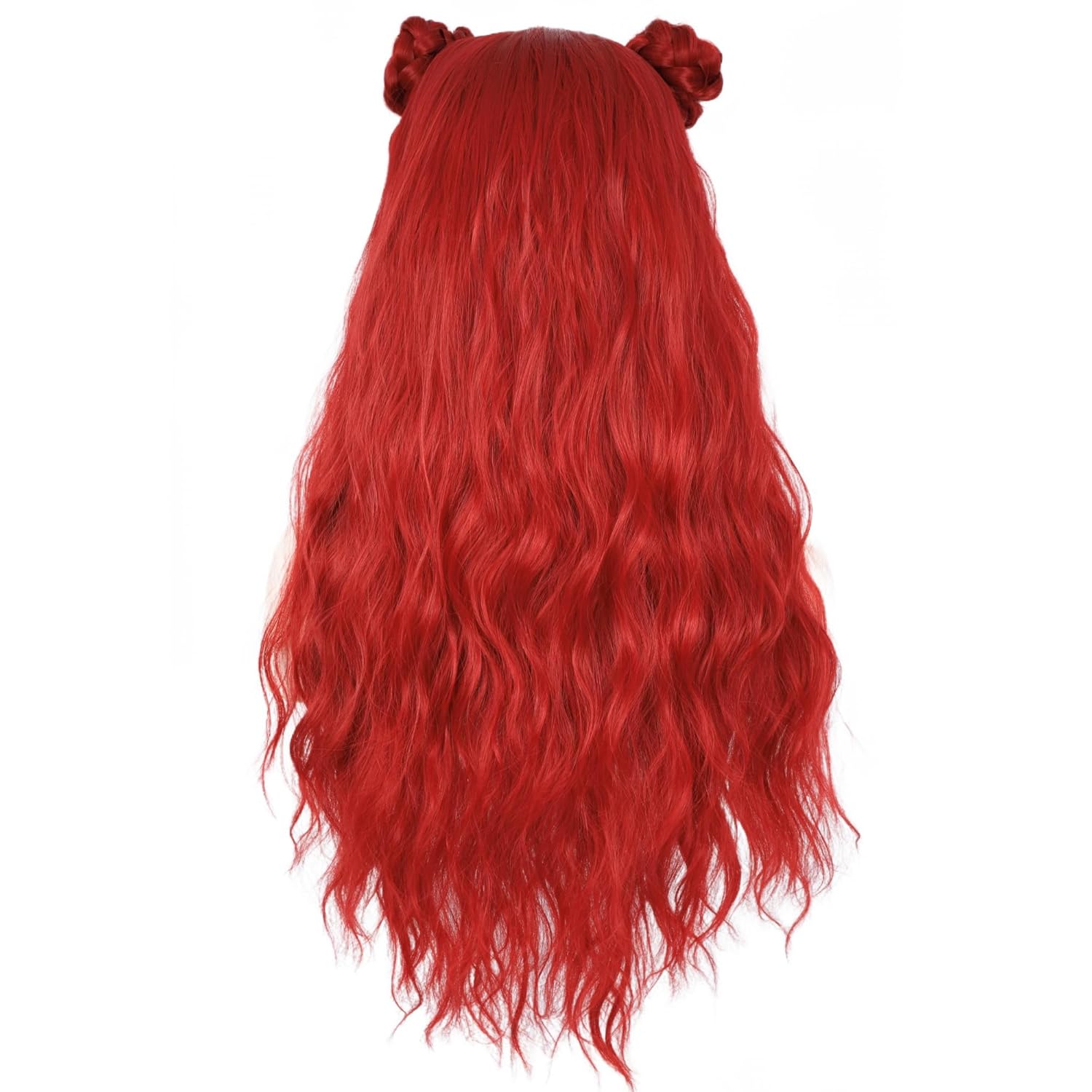Women Long Curly Red Buns Wig with Red Heart Necklace and Earrings and Nose Stud for Princess Red Halloween Costume Party Cosplay