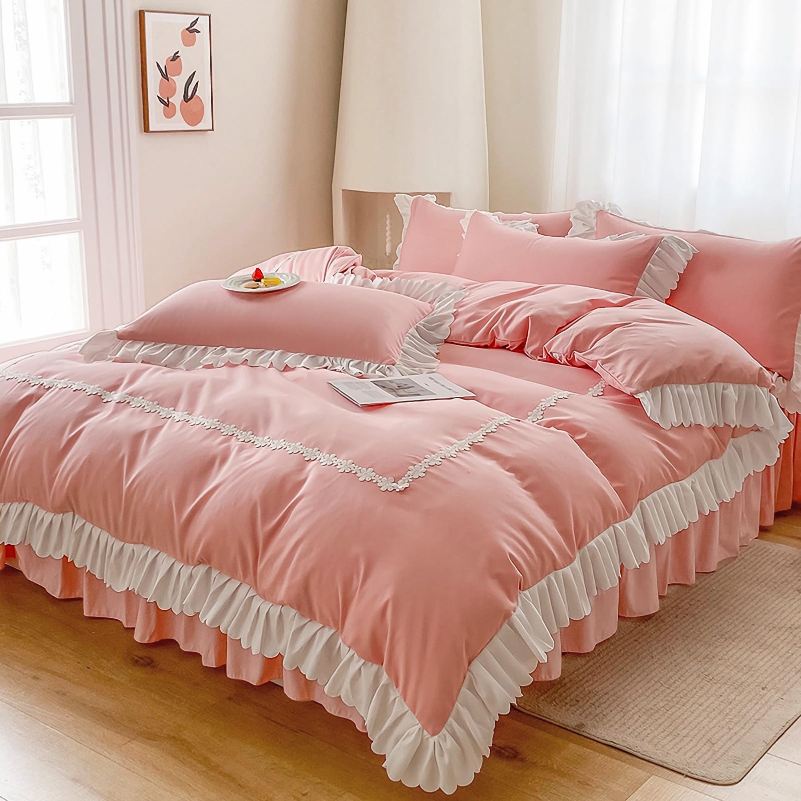 Guchuang Bedding King Size Duvet Cover Set, Pink Ruffle & Flower Design 3-Piece Bedding Set - Soft Microfiber, Wrinkle-Resistant & Decorative Duvet Cover with Hidden Zipper (King, 220x230cm)