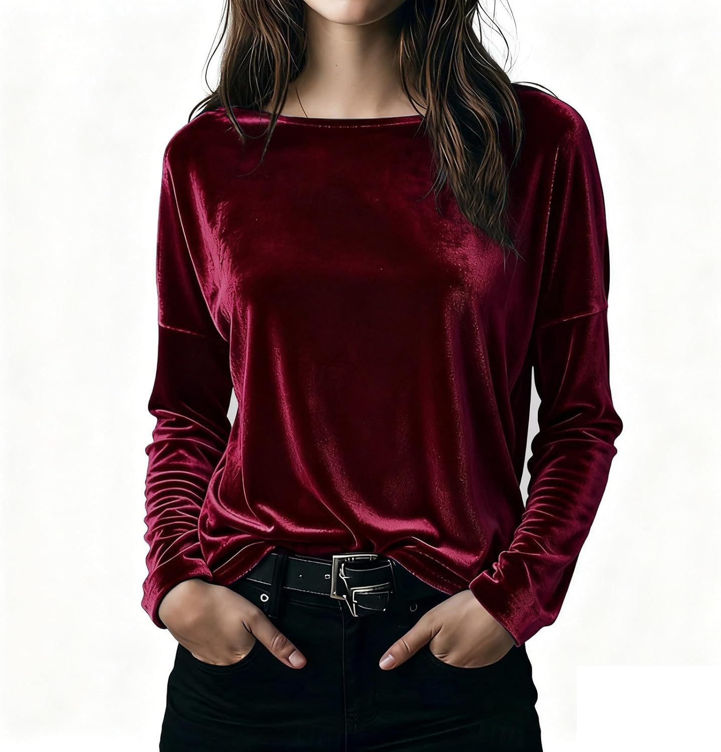 Velvet Dressy Tops for Womens Boat Neck Long Sleeve Casual Velour Blouses Fall Winter Basic Loose Pullover Tees Shirts