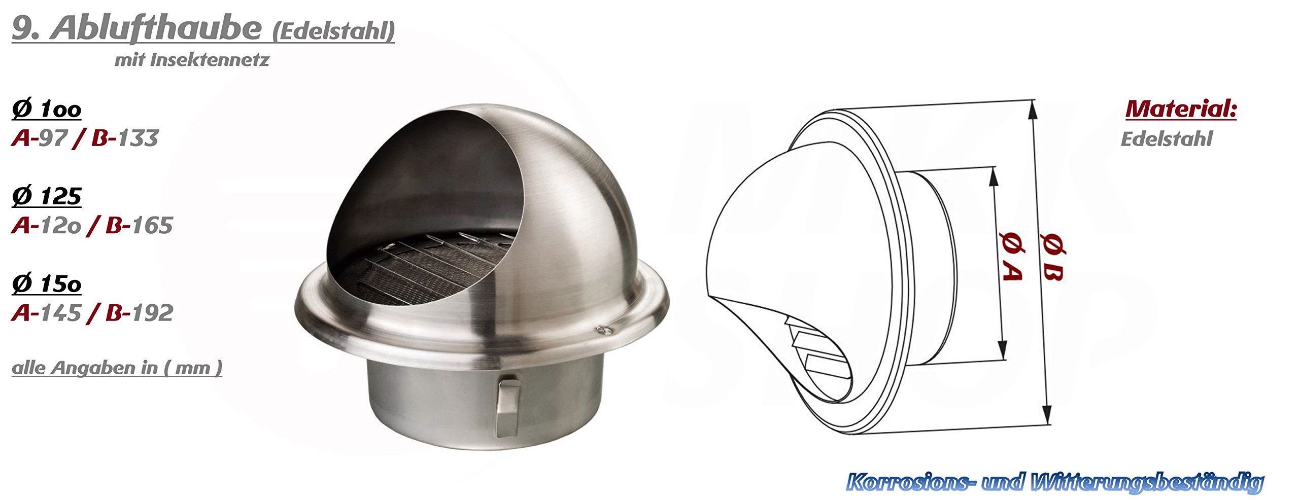 MCH Ablufthaube Wetterschutzgitter 150 Mm – Edelstahl 304, Halbkugel-Form Mit Gitter, Für Küche, Bad & Dunstabzug