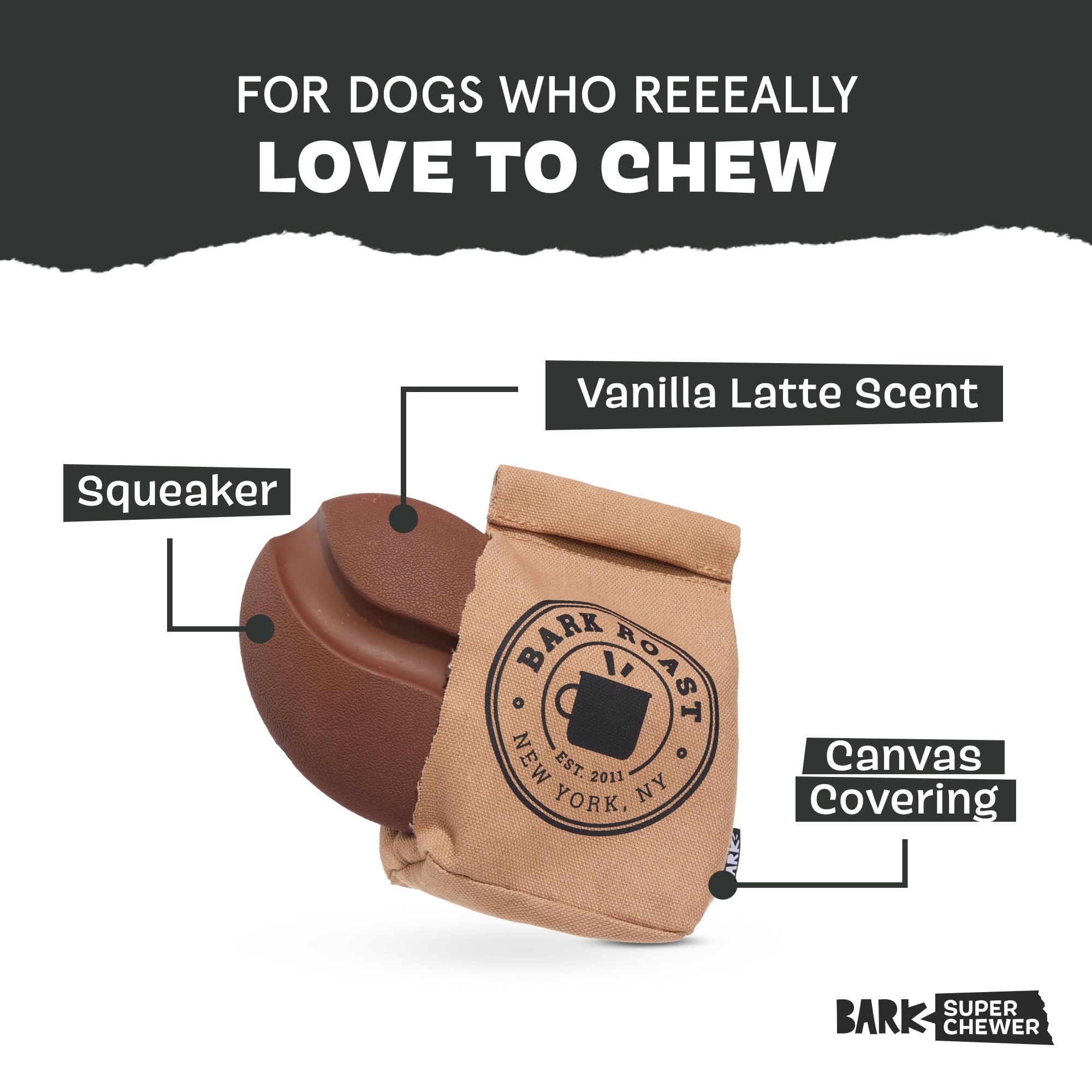 Barkbox Jitter Pug Coffee Bean Dog Toy for Medium Dogs, Hidden Surprise Toy Inside for Engaged and Excited Playtime Fun