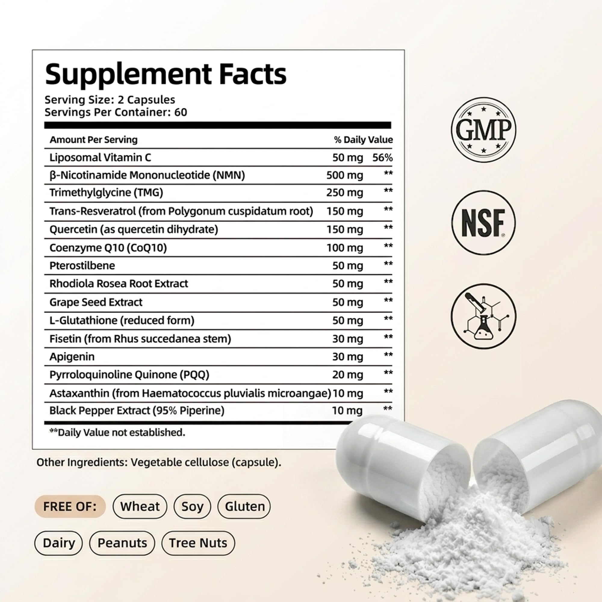 NMN Supplement 1500mg per Serving 15-in-1 Complex Formula with Nicotinamide Mononucleotide, CoQ10, Quercetin, TMG, Resveratrol Supports Cellular Energy & NAD+ Balance 120 Capsules — Amazon image 5