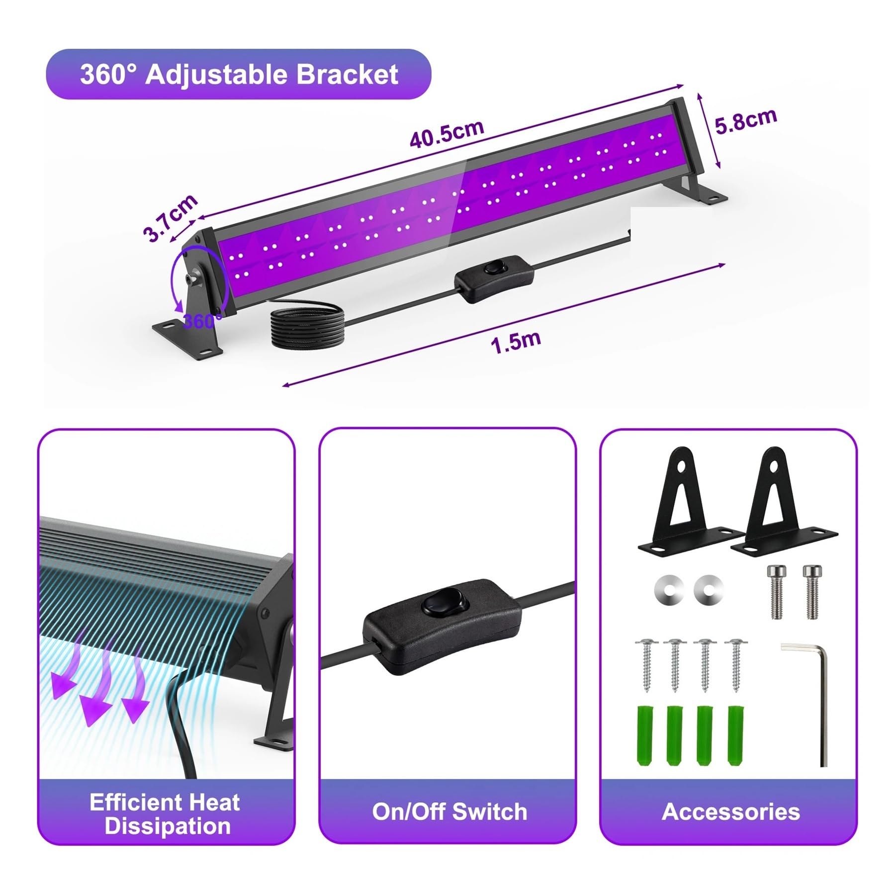 1/2 piezas 60 LED 400-405 nm LED UV reflector LED discoteca fiesta escenario luz negra impermeable Resina fotosensible solidificada(Black_2pcs)