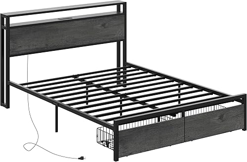 Miniatura 54 de LIKIMIO Base de cama Queen con cabecera de almacenamiento, cama de plataforma con cajones y estación de carga, no necesita somier, fácil montaje,