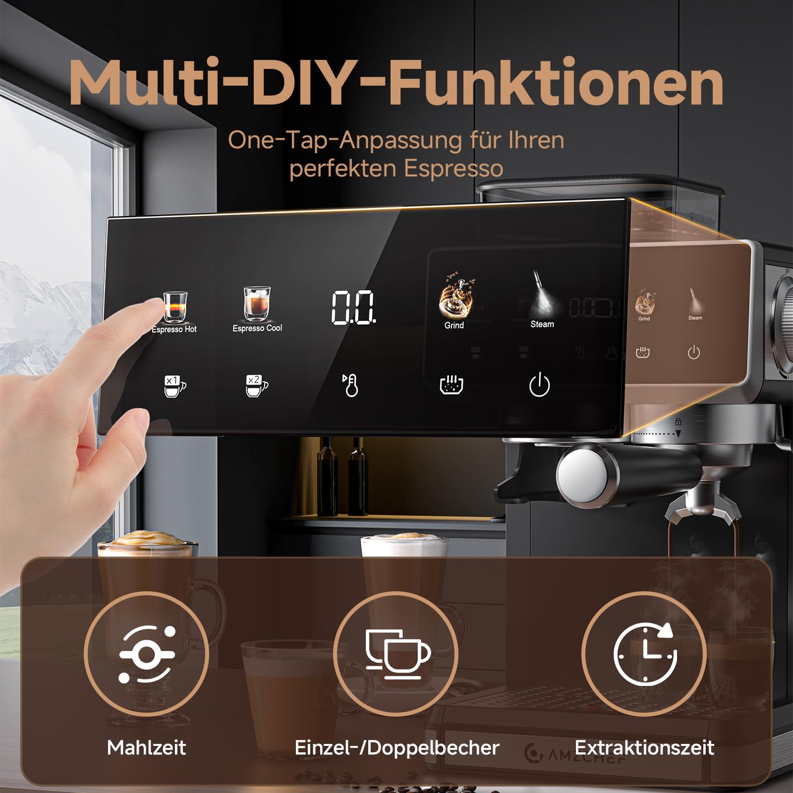 AMZCHEF Siebträgermaschine mit Mahlwerk, 20 Bar Espressomaschine für Zuhause mit Milchaufschäumer, 3 Temperaturstufen, 20 Mahlgrade, Kalt & Heißbrühung, Touchscreen Display