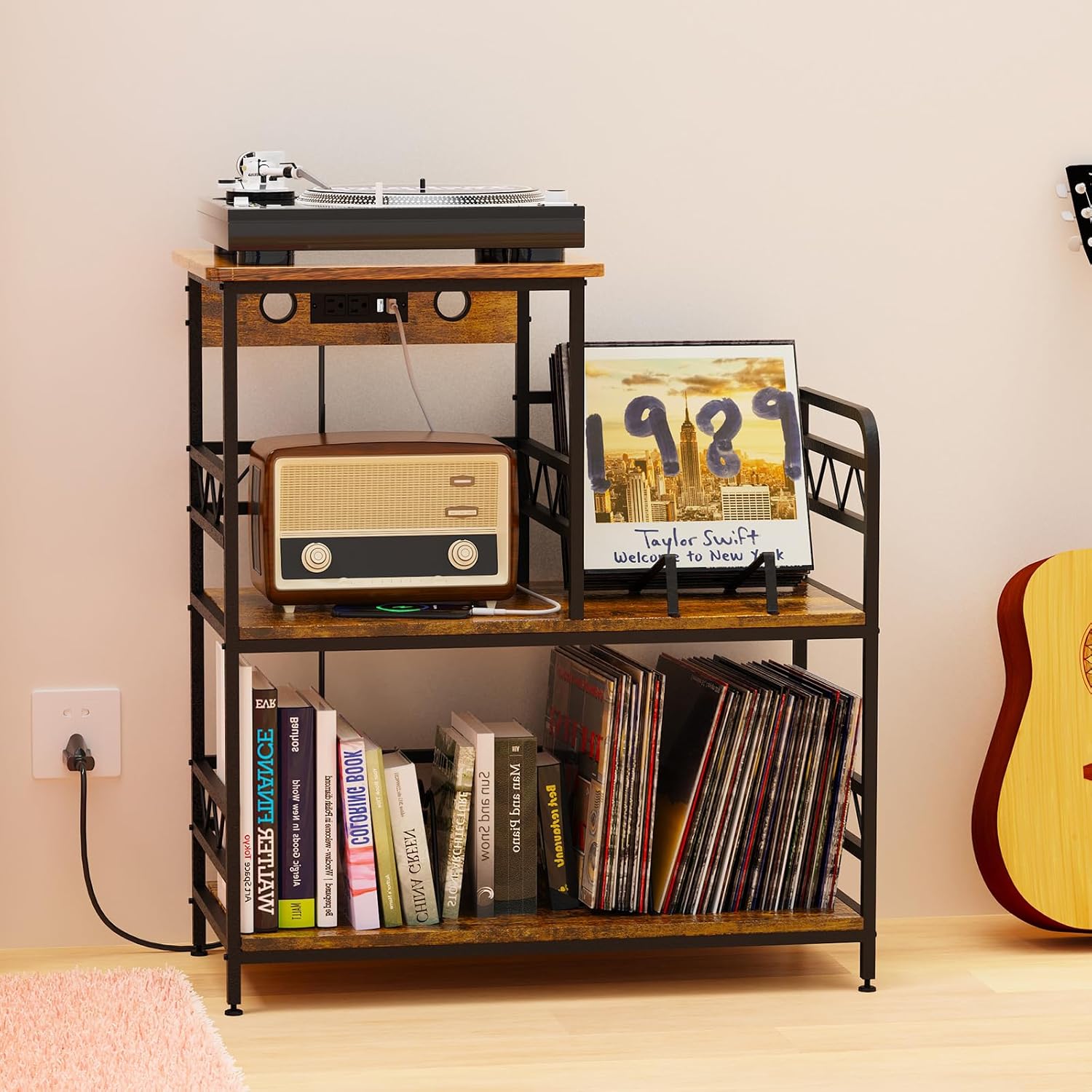 Record Player Stand, Vinyl Record Holder with Charging Station, End Table Holds 300+ Albums, Multi-Functional Turntable Shelf for Living Room, Bedroom