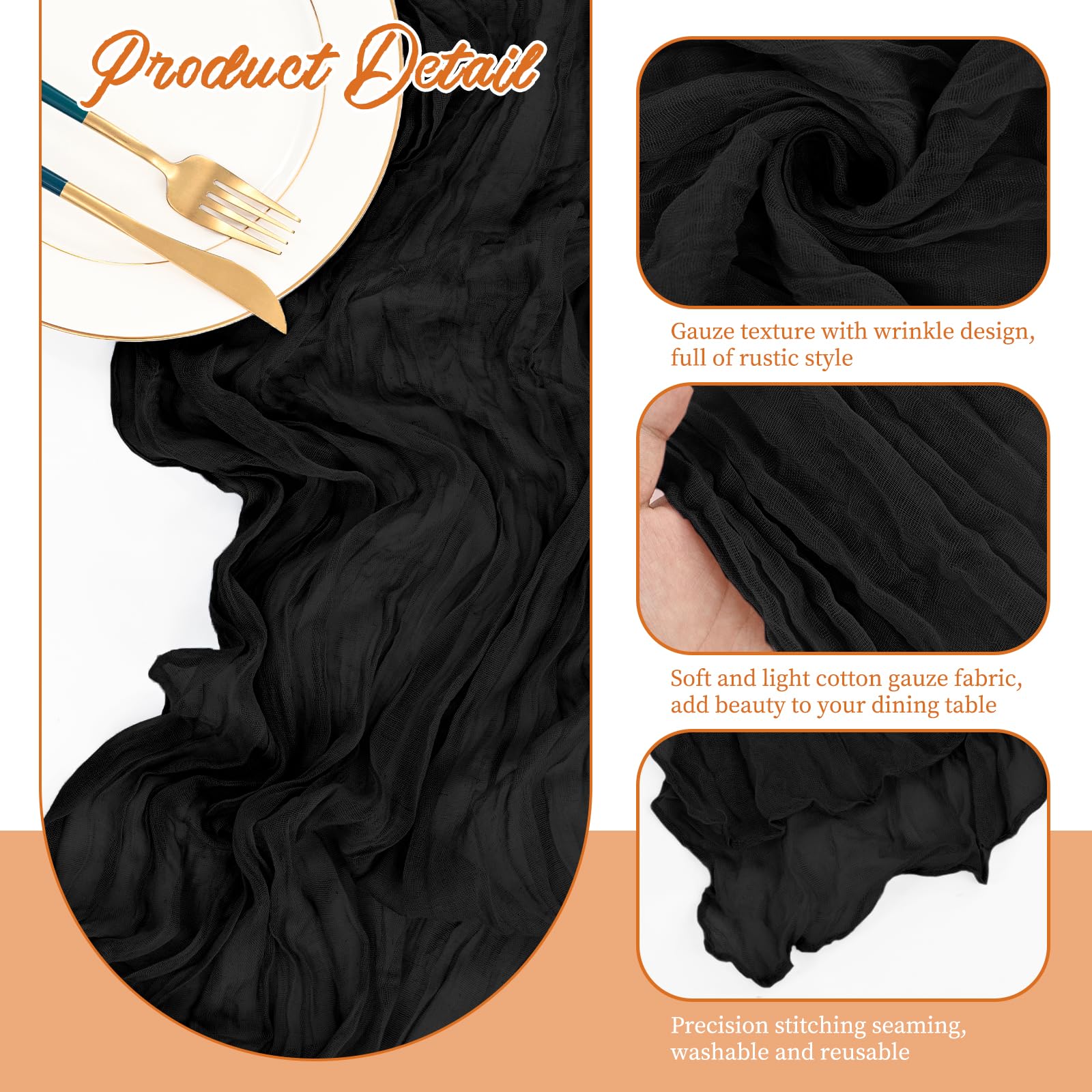 16 Pack Gauze Cheesecloth Table Runner 10ft Long Black Rustic Gauze Boho Wedding Table Runners 21.5 x 120 Inch for Wedding,Bridal Shower,Party,Banquet Decoration - Image 3
