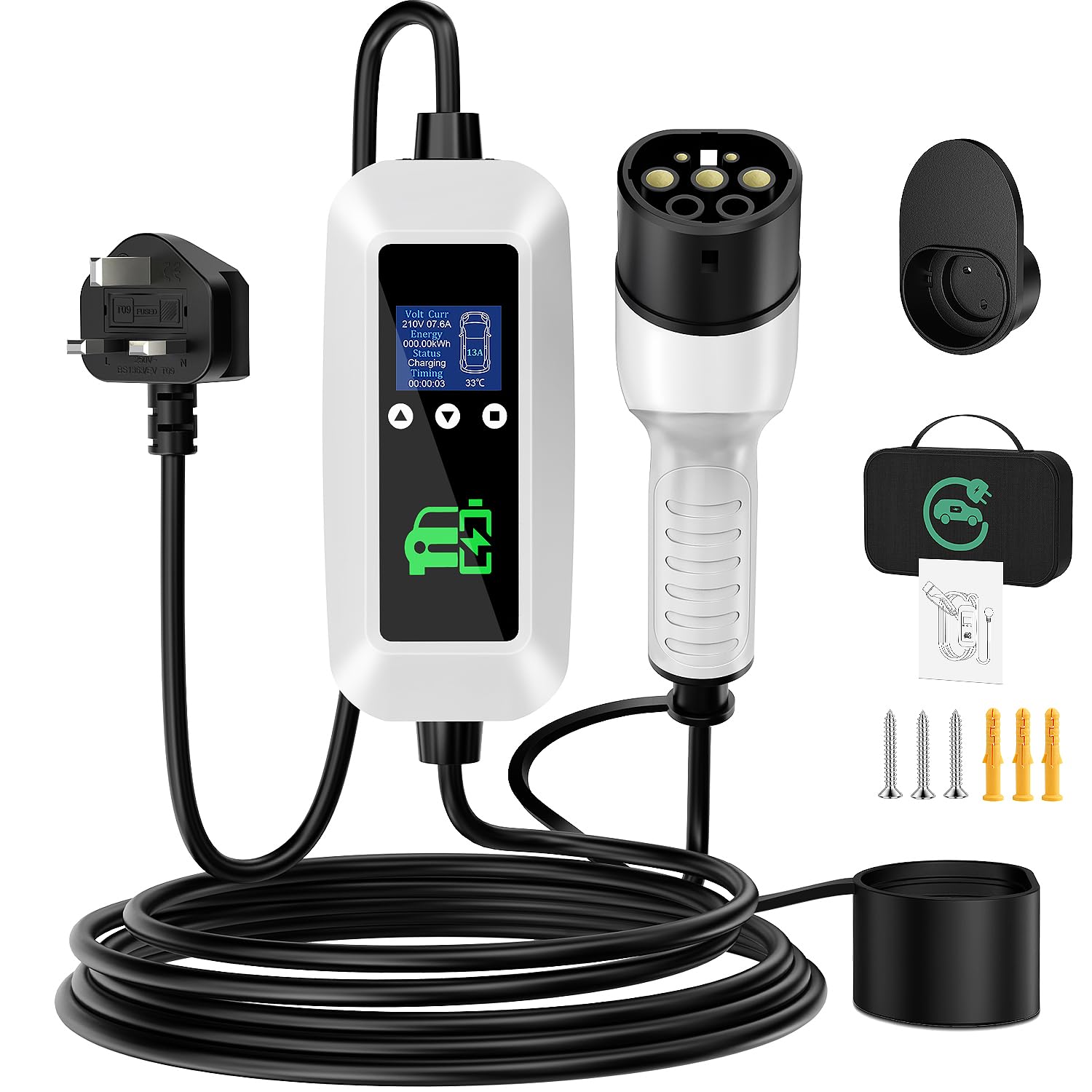 FNITAER EV Charger Cable Type 2 to 3 Pin Plug 2.99kw, 6M, 8/10/13A, Adjustable Current EV Charger,With LED Screen Timing Delay IP66/IP65, With Carry Bag and Type 2 EV Cable Holder for EVs and PHEVs