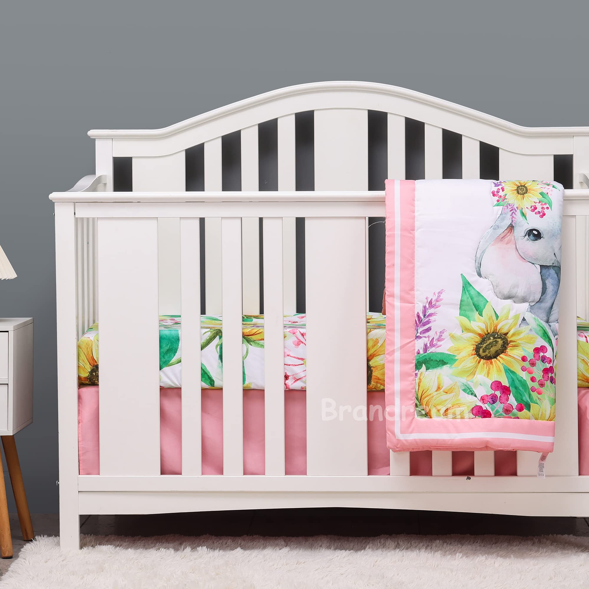 Brandream Juego de ropa de cama para cuna de elefante, girasol, para niñas, bohemio, rústico, elegante, floral, ropa de cama para guardería, rosa, amarillo, gris, juego de sábanas para bebé, 6 piezas