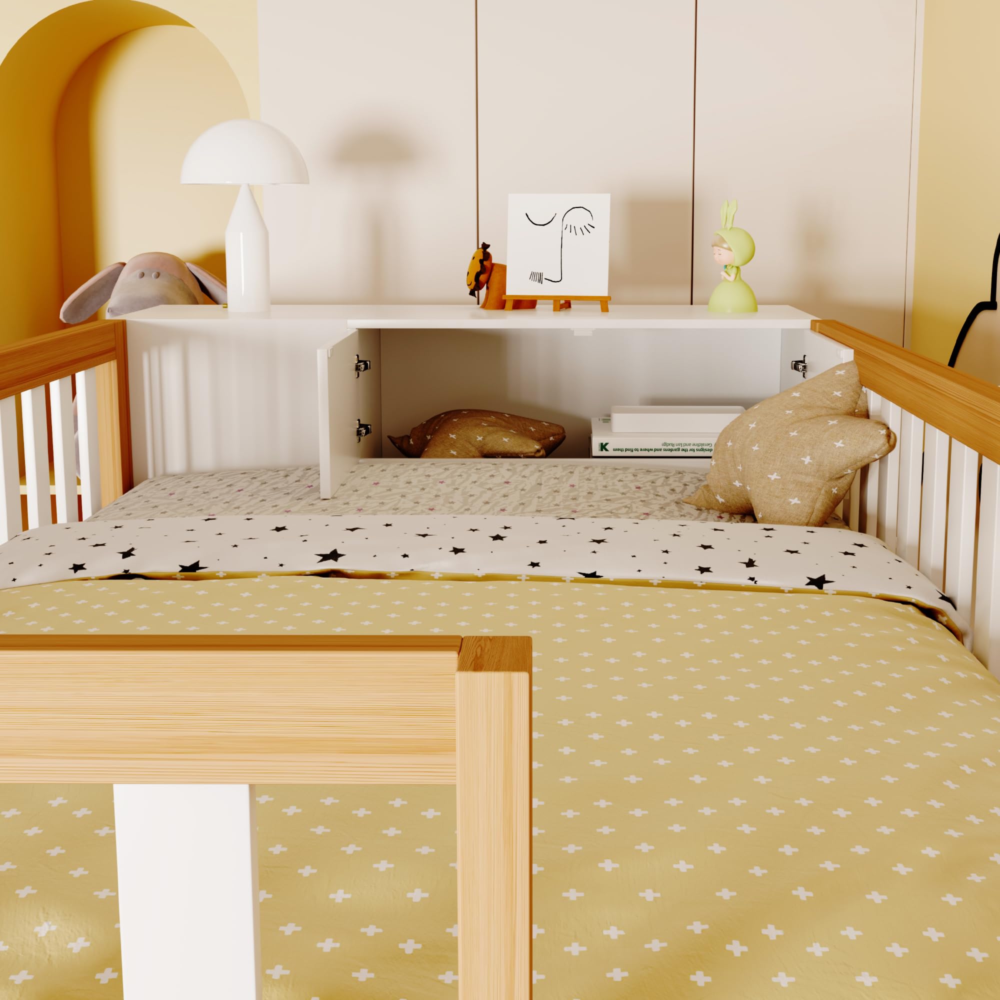 Azkoeesy Letto a soppalco singolo 90x200 cm - scala sicura/spazio di archiviazione/armadio/libreria/scrivania sul letto superiore - legno di pino - per bambini e ragazzi (naturale)