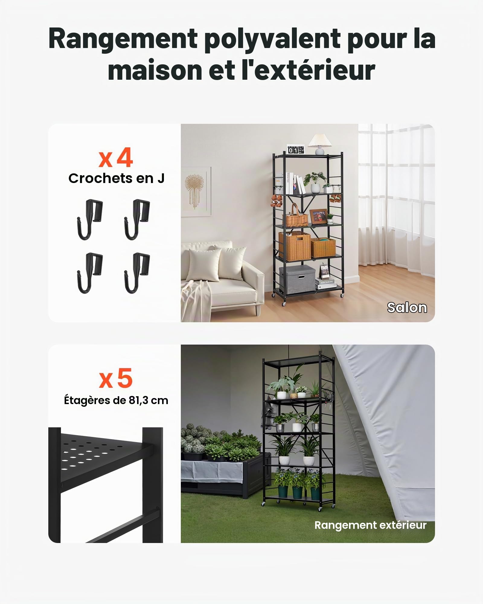 VEVOR Étagère Pliante Mobile, 5 Niveaux, Étagère Pliante à roulettes, 81x36x183 cm, Métal Robuste, Charge Statique 340 kg Dynamique 90,7 kg, Meuble de Rangement pour Garage, Cuisine, sous-Sol, Noir
