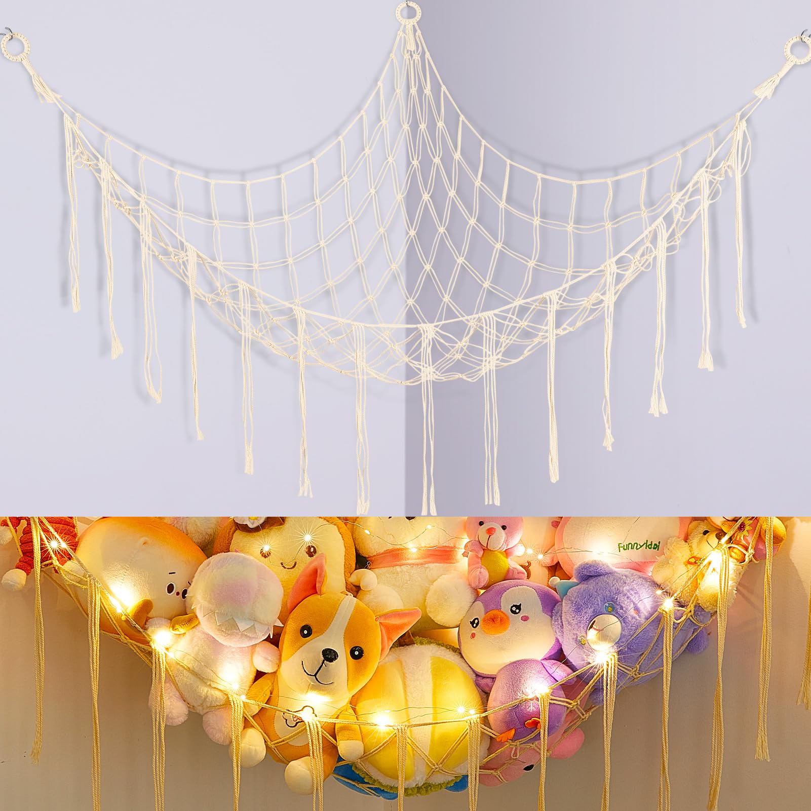Basumee Stuffed Animals Net or Hammock with LED Light, Hanging Stuffed Animals Storage Toy Hammock Net Corner Wall Girls Room Decor Toy Storage Organizer, Cream, L