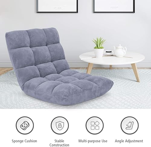 Miniatura 9 de LDAILY Silla de suelo de 14 posiciones, silla de piso ajustable con soporte para el respaldo, silla plegable con cojín acolchado, sofá reclinable de