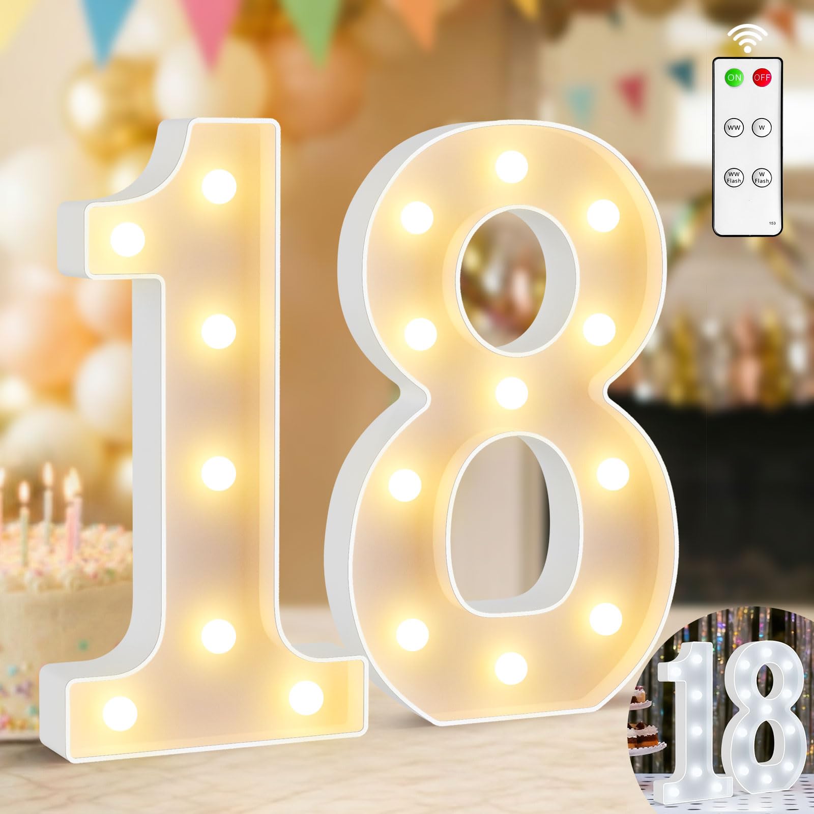 Lampada a LED con numeri illuminati, 32 cm, numeri 18, luce bianca calda e fredda, con telecomando per decorazione di buon compleanno, decorazione per feste, matrimoni, funzionamento a batteria