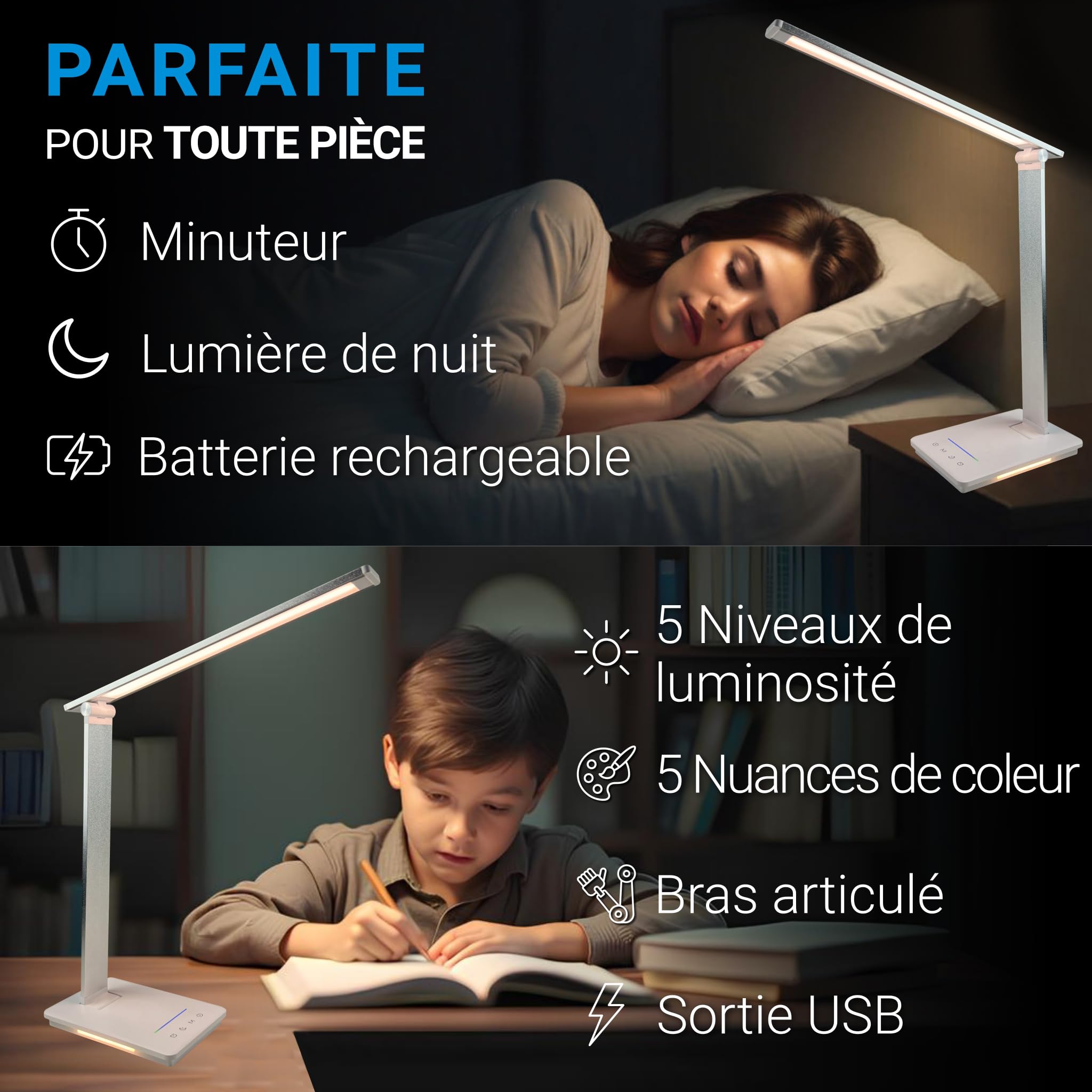 Maxter Lampe de Bureau LED Puissante - Lampe de Chevet et de Lecture Sans Fil Rechargeable (6W, 550 Lumen, Port USB, 5 Niveaux de Luminosité et 5 de Couleur, Minuterie 30 min, Mode Lecture)