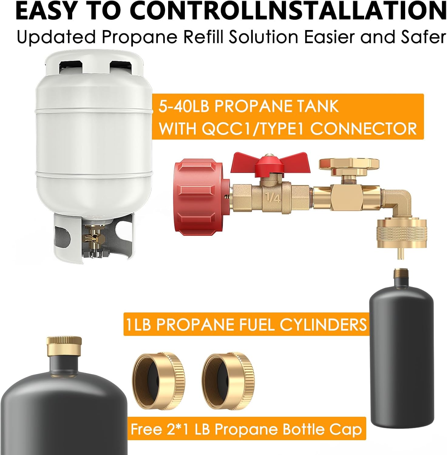 Propane Refill Elbow Adapter 1lb to 20lb, QCC1 Propane Refill Elbow Adapter with Gauge +1LB Propane Tank Storage Bag Holds 6 Pcs Gas Tank 16 OZ