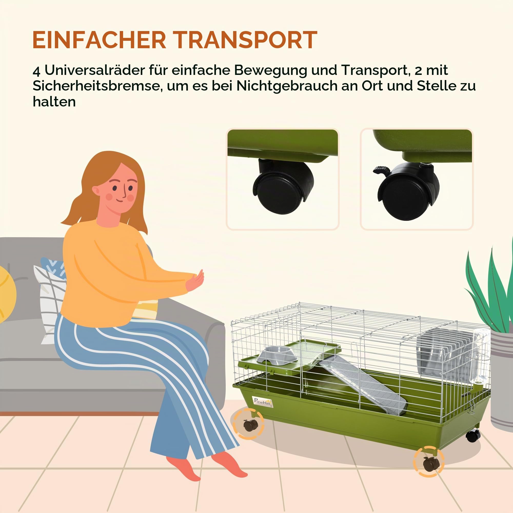 PawHut Käfig für Kaninchen Meerschweinchen mit Rädern, 89x44x43cm, Grün
