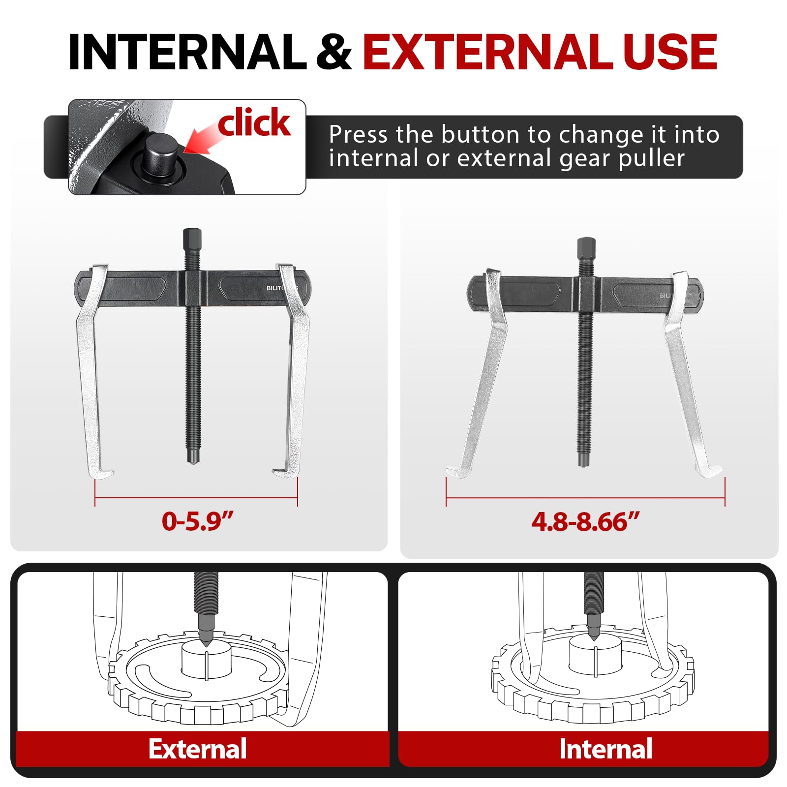 BILITOOLS Extractor de engranajes de 2 mandíbulas de 8 pulgadas, externo interno para la extracción de poleas rodamientos y engranajes | Interno externo reversible para volante, engranajes y poleas