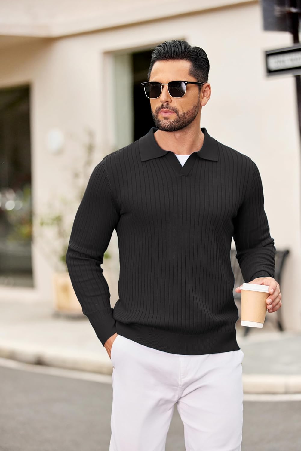 COOFANDY Mens Knit Polos Long Sleeve Casual Sweater Polos V Neck Collared Sweater Golf Polo Sweaters and Pullovers - Image 3