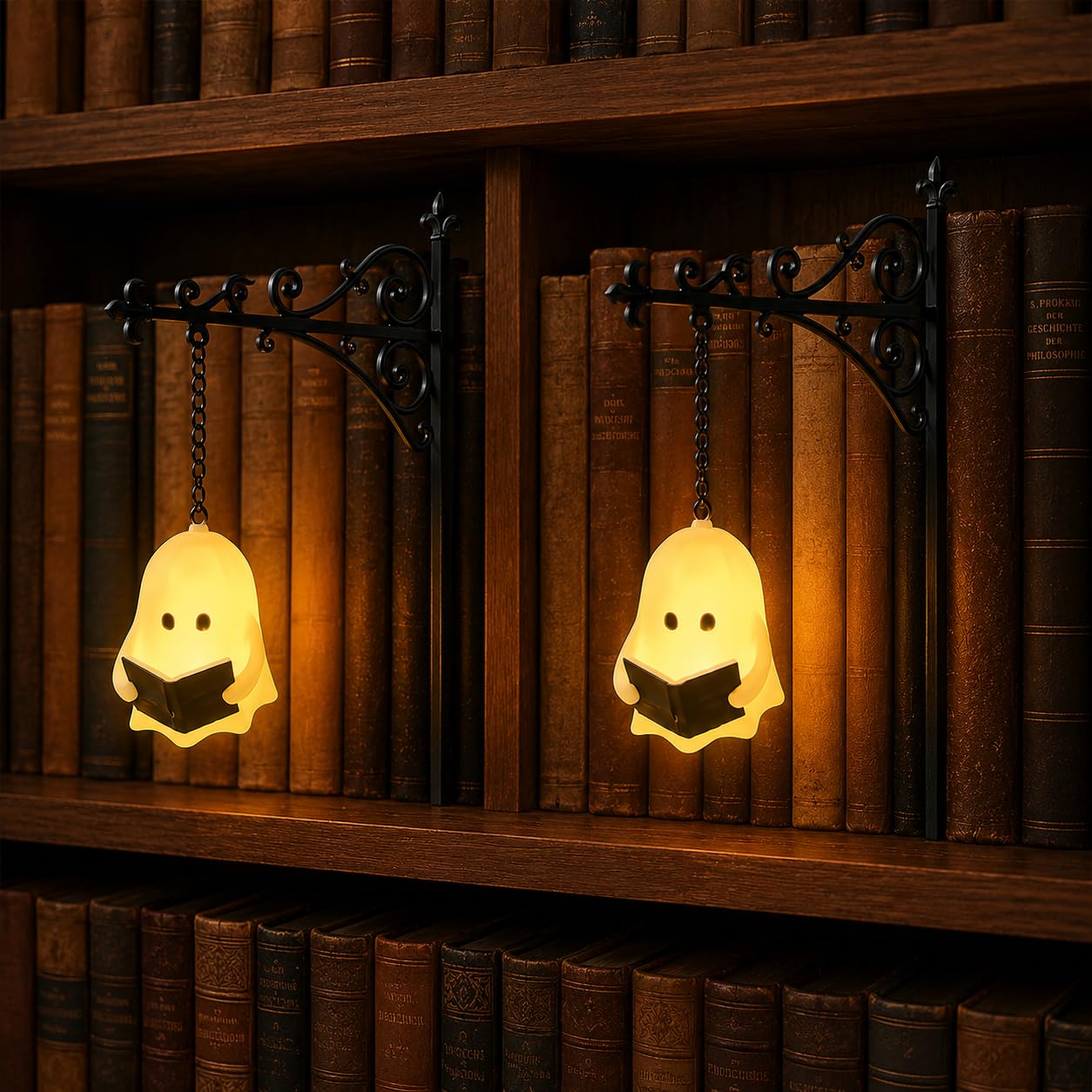 Library Lantern-Decorative Bookshelf Lighting, Reading Nook LED Nightlight, Metal Bookcase Lamps, Vintage Table Desk Luminaires, Studious Home Room Ornament (2Pcs Ghost) — image 1