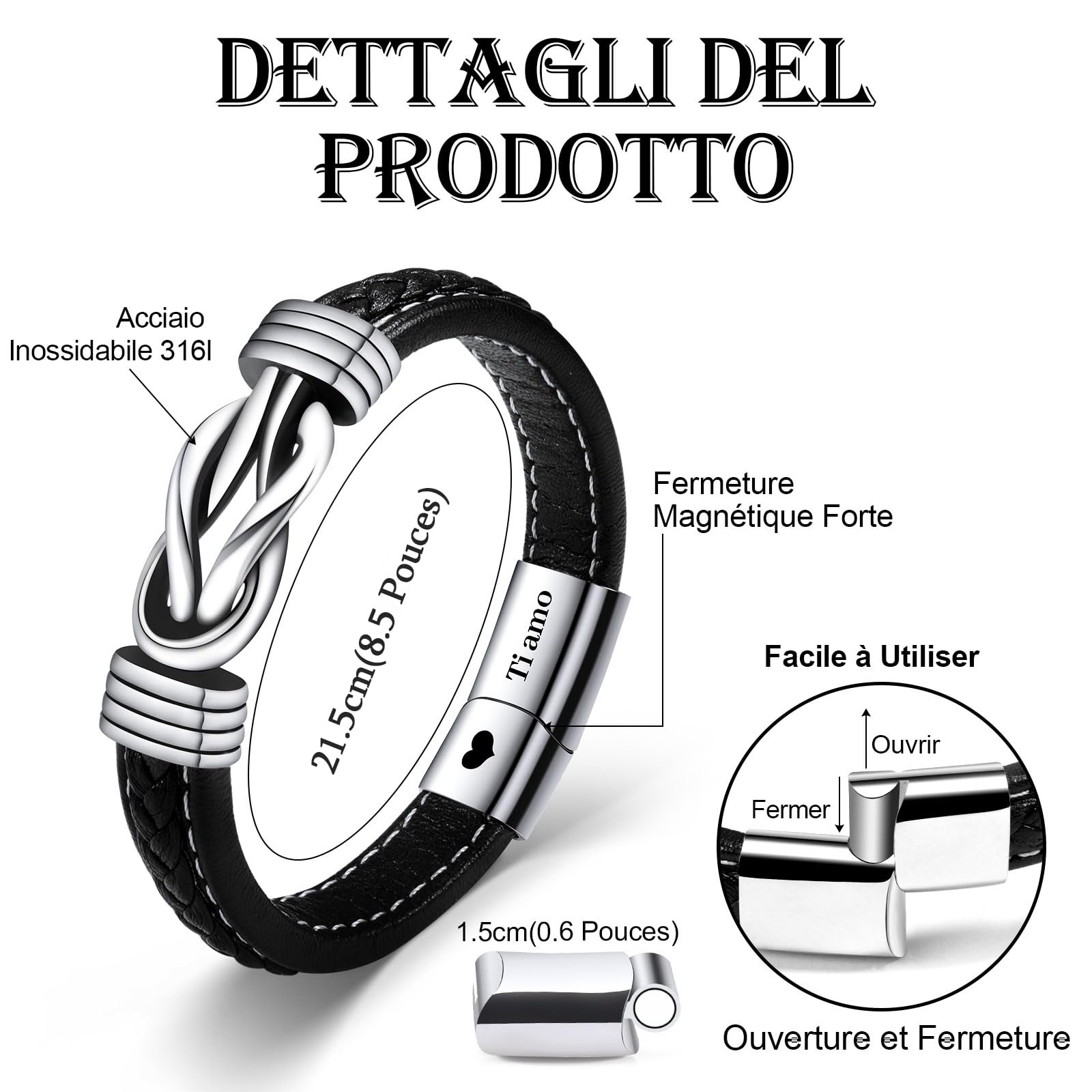 VU100 Regalo per Papà/Figlio/Uomo Bracciale in pelle per Uomo Bracciale Ti Amo Regalo per la Festa del Papà Regalo di compleanno per Figlio Fidanzato Marito Papà-Con Scatola Regalo