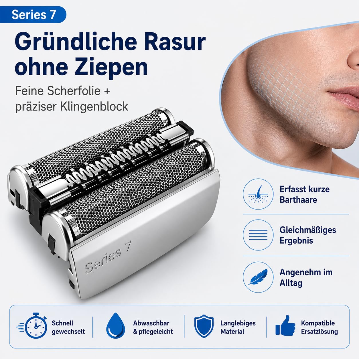 70S Scherkopf Ersatz Kompatibel mit Braun Series 7 Rasierer 720 720s 730 760cc 765cc 790cc 795cc 7840s 7893s, Scherfolie & Klingenblock, Rasierkopf Herren Ersatz Silber, 1 Stück