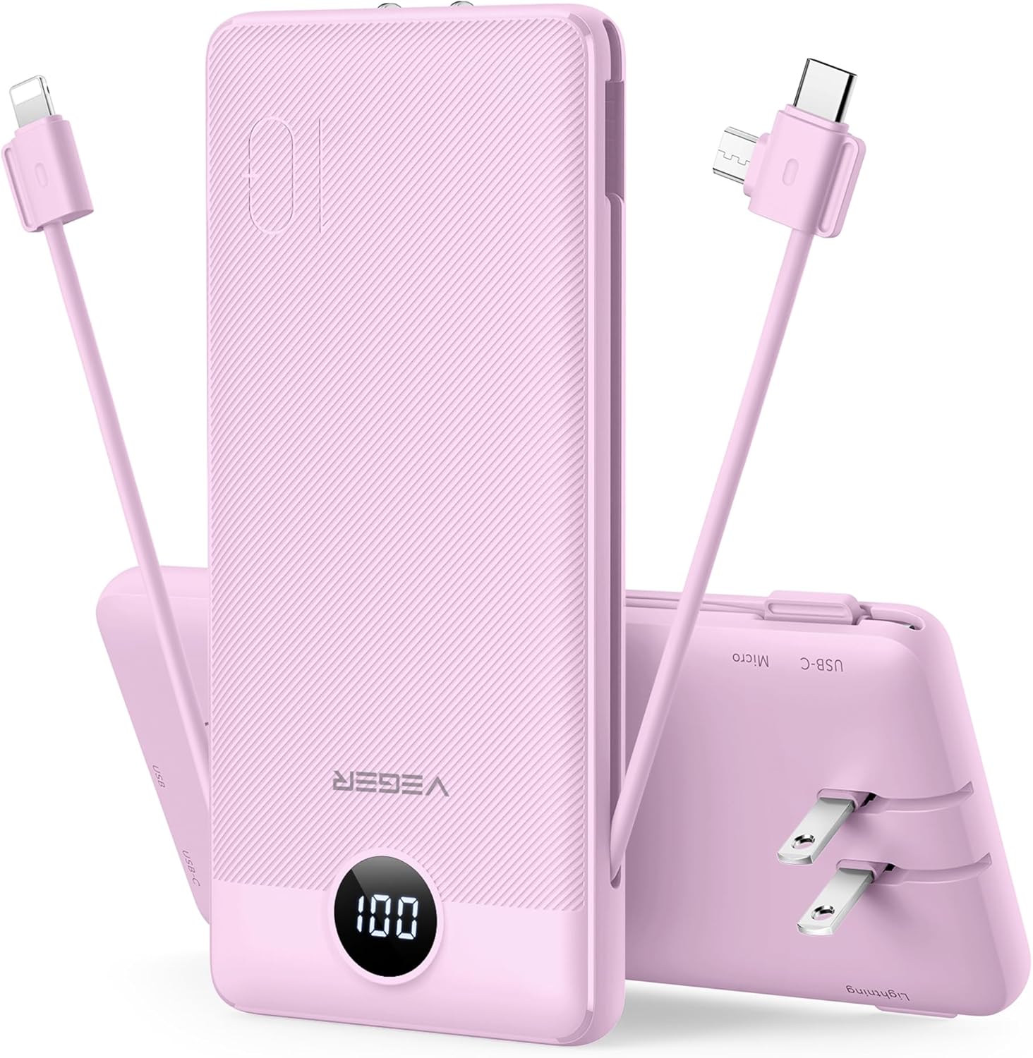 VEGER Portable Charger for iPhone Built in Cables and Wall Plug, 10000mah Slim Fast Charging USB C Power Bank, Travel Essential Battery Pack Compatible with iPhones, iPad, Samsung More Devices(Purple) VEGER Portable Charger for iPhone Built in Cables and Wall Plug, 10000mah Slim Fast Charging USB C Power Bank, Travel Essential Battery Pack Compatible with iPhones, iPad, Samsung More Devices(Purple)