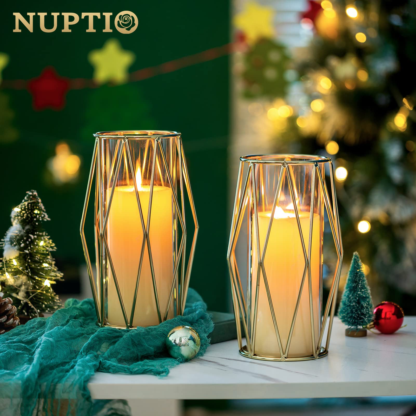 Nuptio Gold Pillar Candle Holder: 2 Pcs Glass Hurricane Candles Holders with Geometric Metal Rack Stand for Wedding Birthday Party Centerpieces - Decorative Flower Vase for Office Living Room