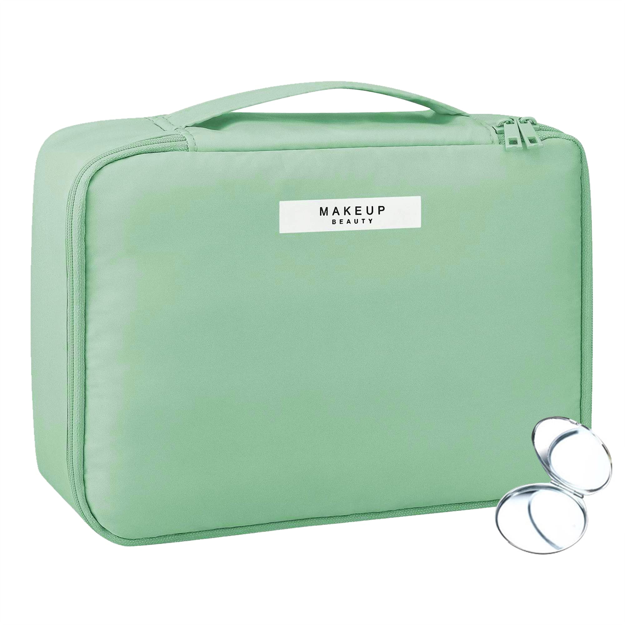 Beauty Case Donna Trucchi Specchio con Double Face Tascabile Pieghevole, Toiletry Make Up Bag per Ragazze, Organizer Cosmetici per Borsa Porta Trucchi da Viaggio Verde