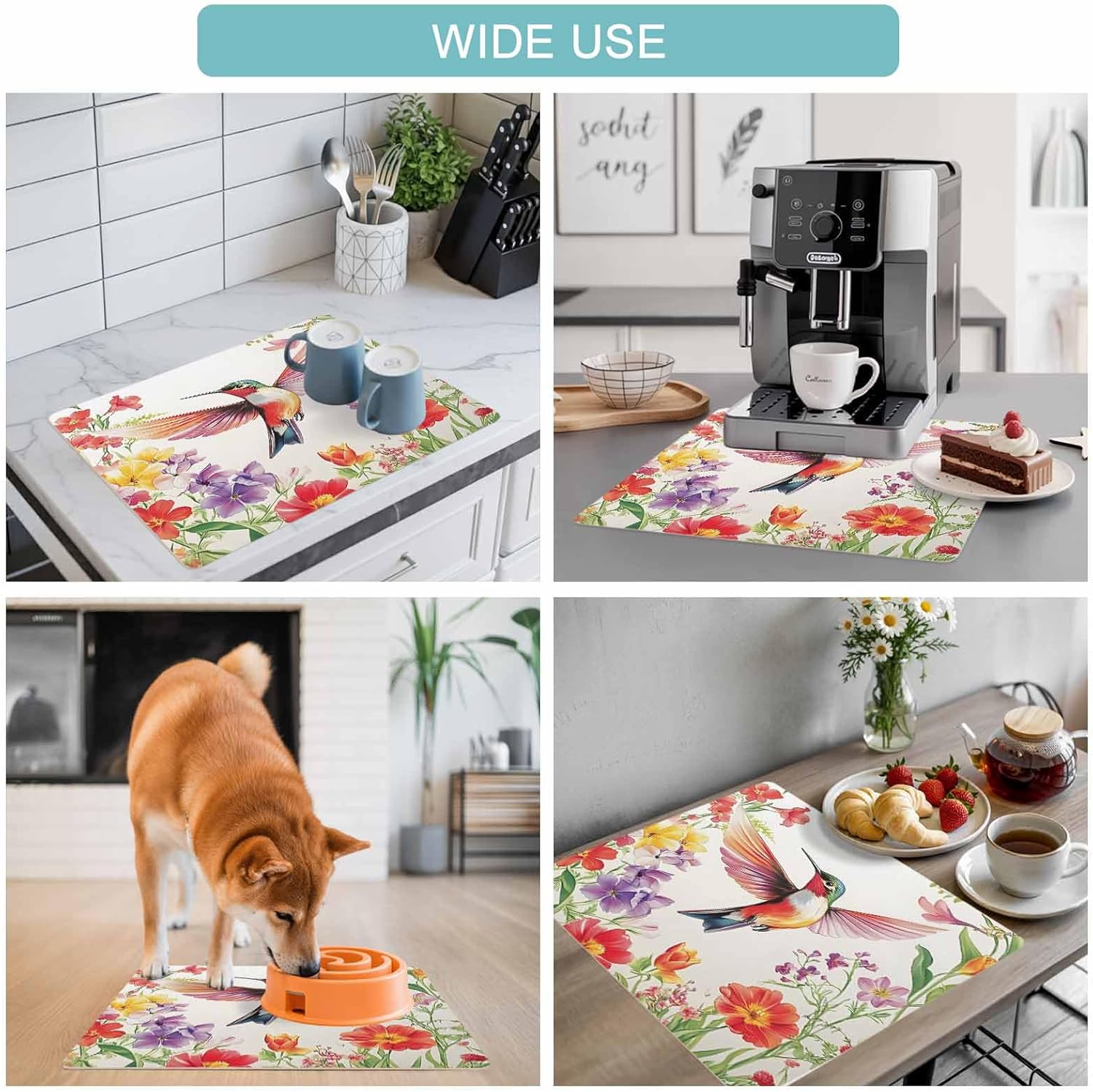 Coffee Mat Hummingbird Dish Drying Mat for Kitchen Counter Brid Spring Floral Coffee Bar Mat for Coffee Maker and Espresso Machine, Coffee Station Accessories 18x24in