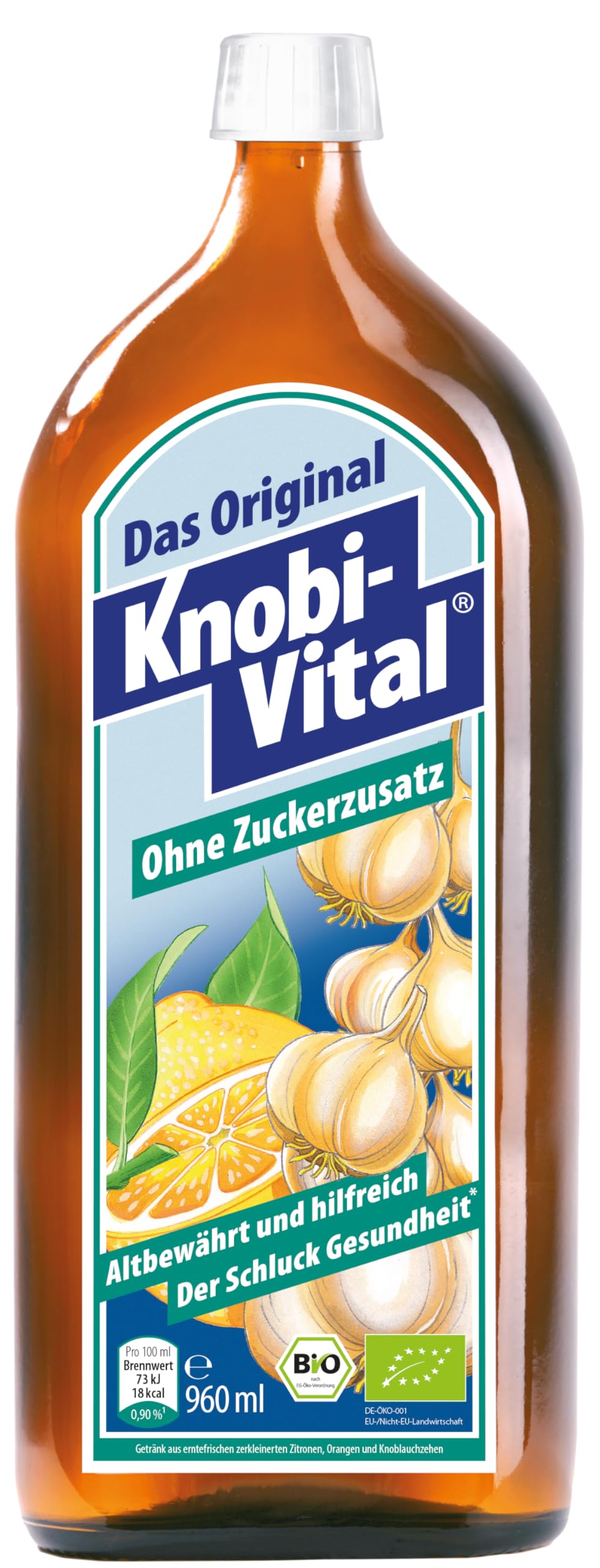 KnobiVital ohne Zuckerzusatz Bio (960 ml) I Hochkonzentrierter Knoblauchsaft mit Thiamin für Energie, Nerven & Herz I für Diabetiker geeignet - Vegan, natürlich & ohne Zusätze