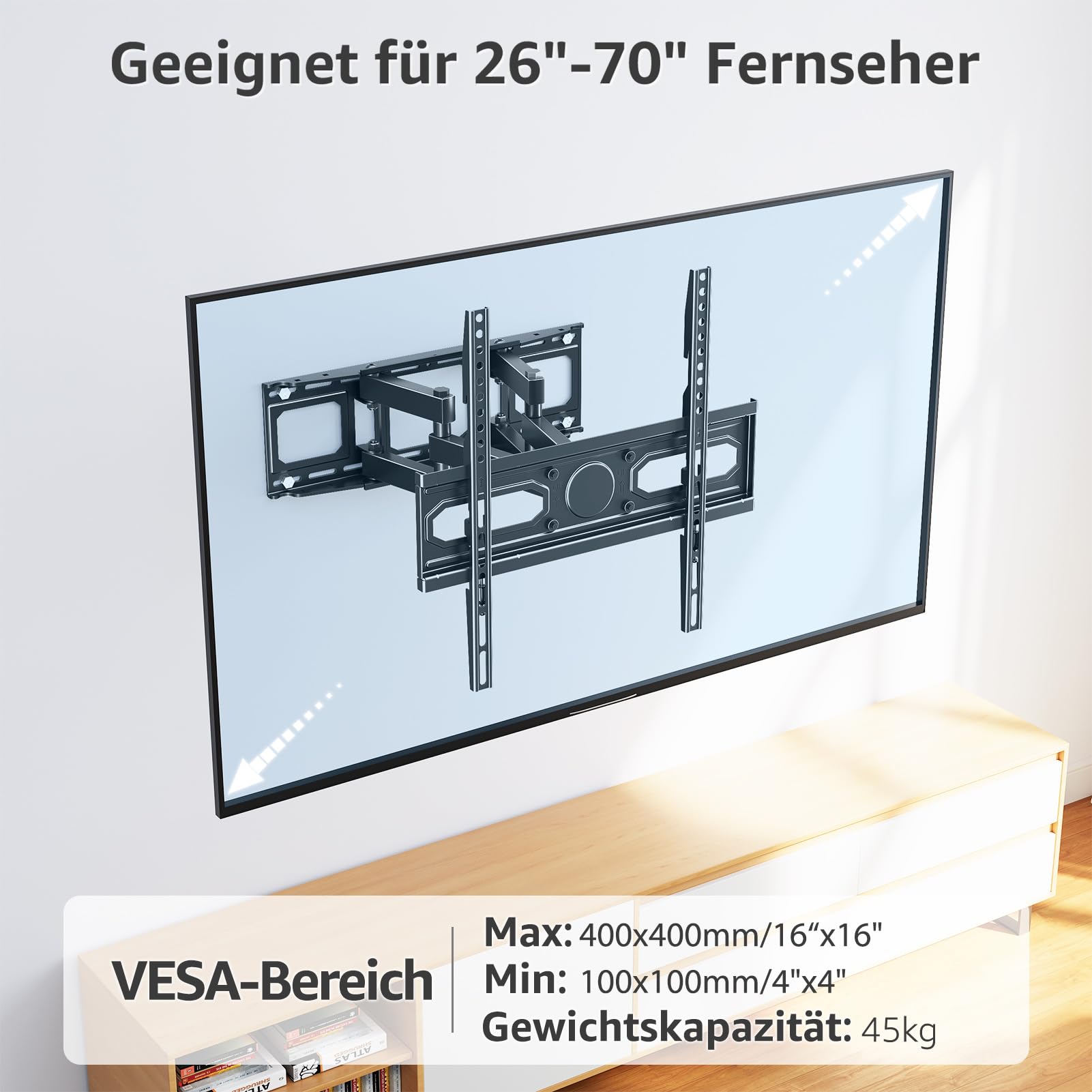 MOUNTUP TV Wandhalterung Schwenkbare Neigbare TV Halterun für 26-70 Zoll Flach & Curved LCD LED Fernseher bis zu 45kg, Max VESA 400x400mm