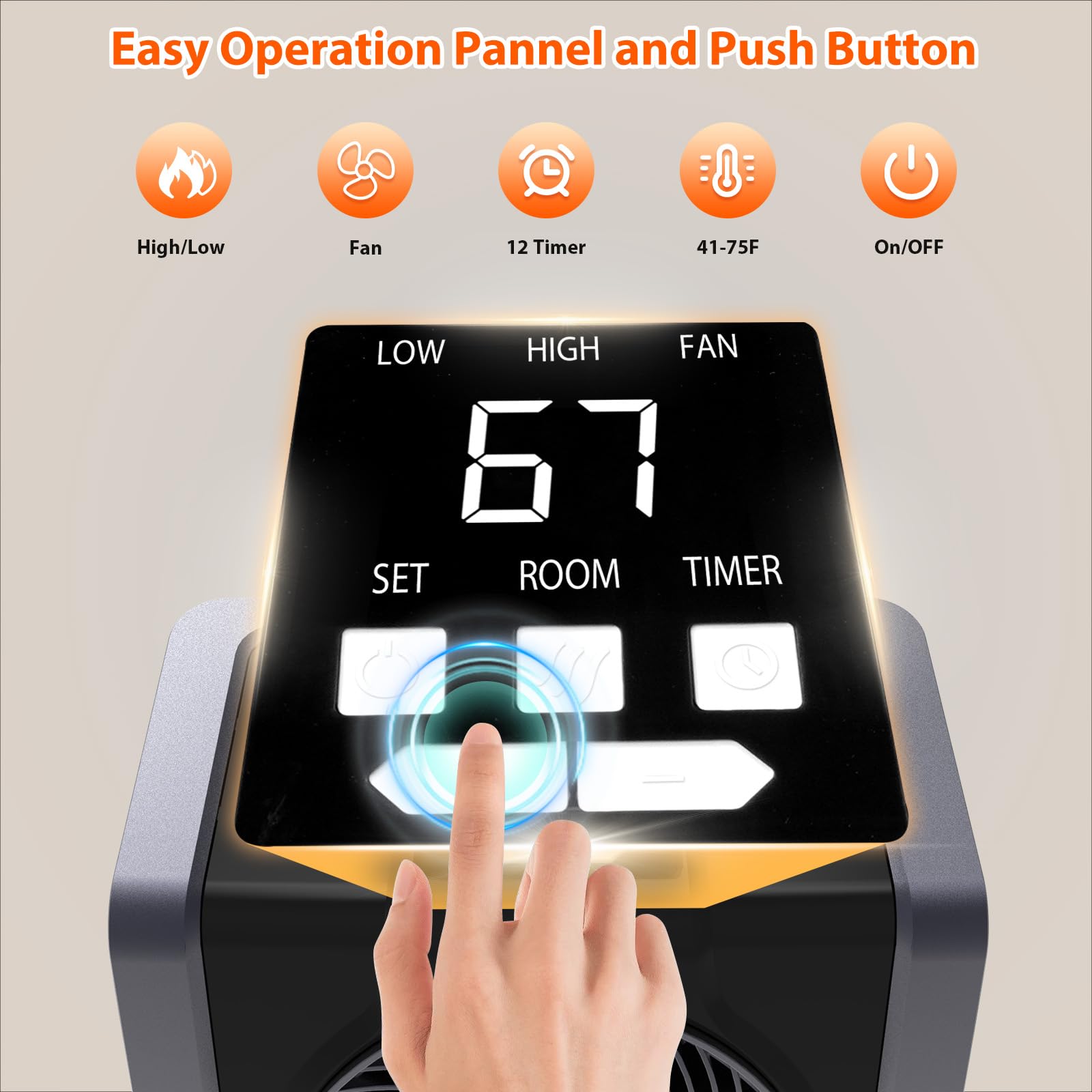Calentador de espacio para interiores, pantalla digital con termostato, temporizador de 1-12 horas, modo de ventilador, 1500 W/750 W, calentador eléctrico para oficina, dormitorio, negro, 10.6 4