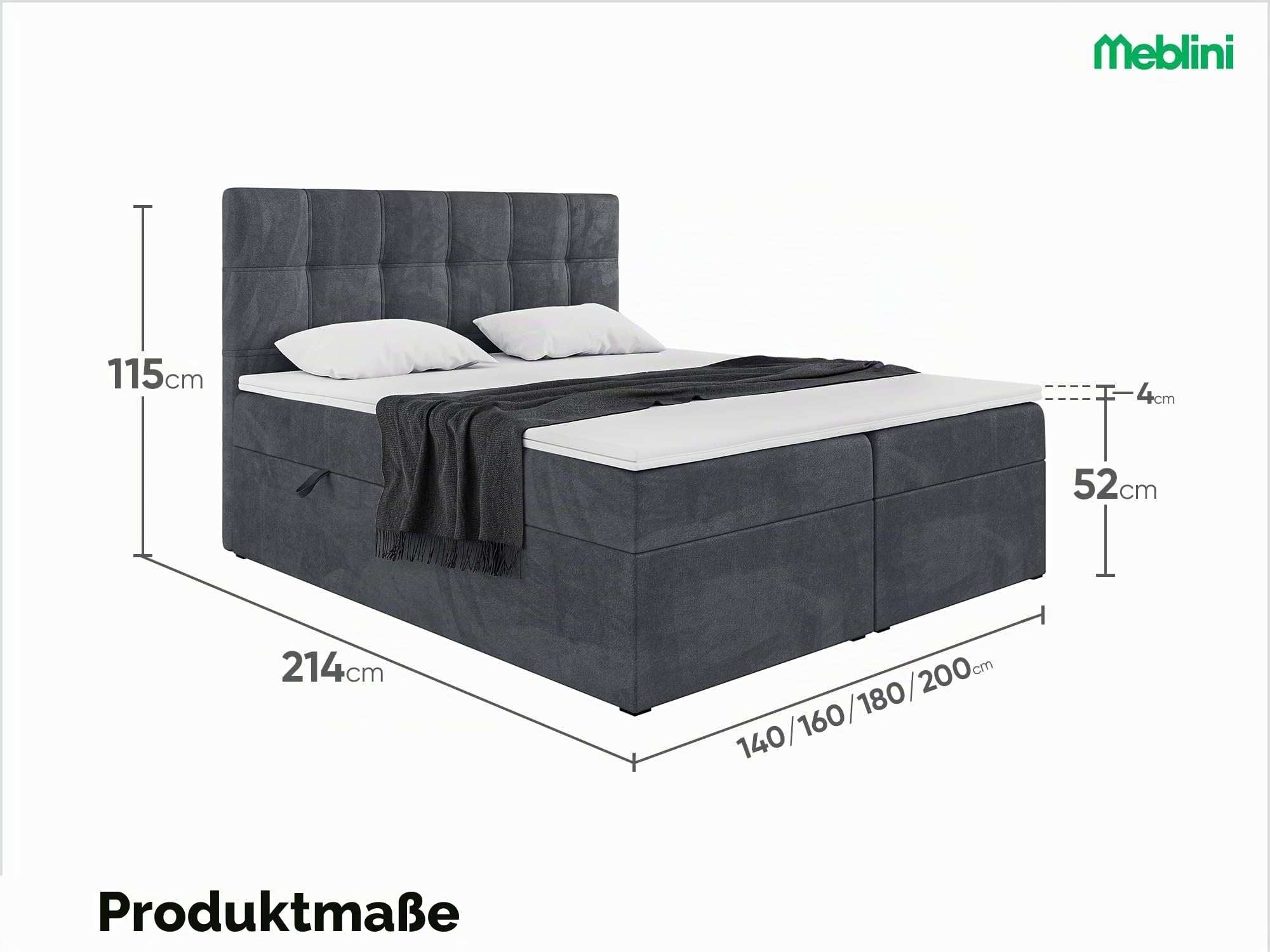 MEBLINI Boxspringbett mit Bettkasten - 160x200 - Gepolstert Doppelbett mit Matratze und Topper - Polsterbett mit Stauraum - Bett mit Kopfteil - Kai - H3/Dunkelgrau Samt