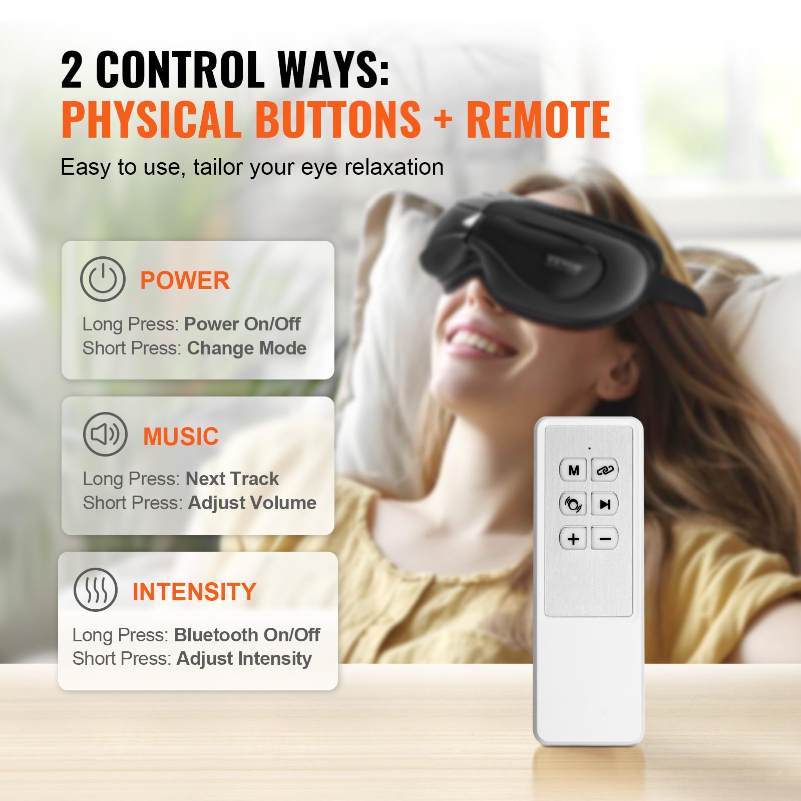 VEVOR Masajeador de Ojos con Calefacción 5 Modos y Música Bluetooth, Masajeador de Ojos Plegable de 180° para Fatiga Visual, Ojos Secos, Ojeras, Regalo Ideal para Mamá/Papá, Negro, 208 x 40 x 99 mm