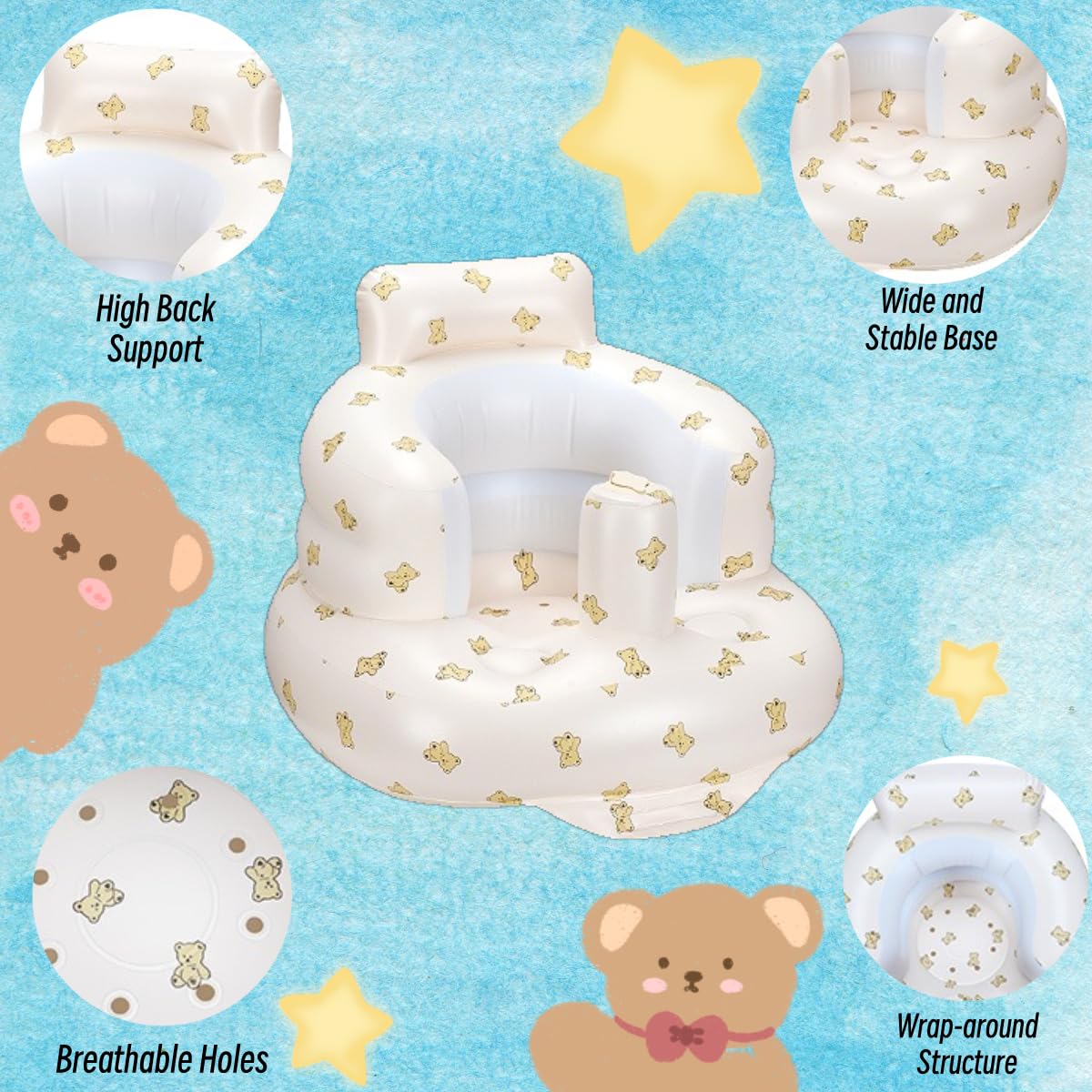 Aufblasbarer Baby-Sitz für Babys ab 4-24 Monaten,Baby-Rückenstützsofa,Boden-Sitzunterstützung zum Sitzen lernen (Baby Bär+Sofabezug)