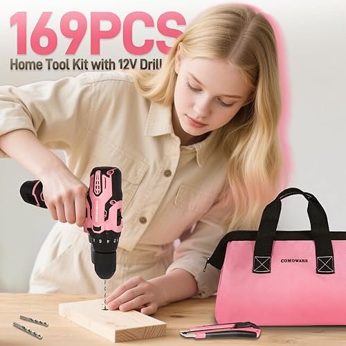 Miniatura 7 de COMOWARE Kit de herramientas para el hogar de taladro inalámbrico rosa de 12 V, juego de taladro rosa para mujeres, kit de herramientas de