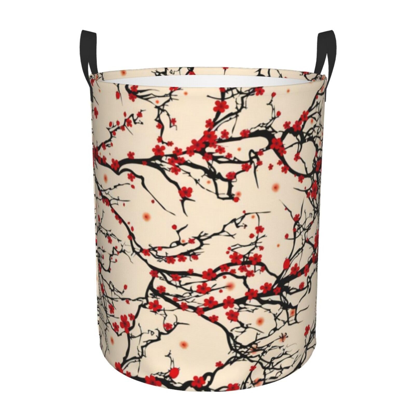 S Circular Hamper – Collapsible Red Cherry Blossoms Print Laundry Basket