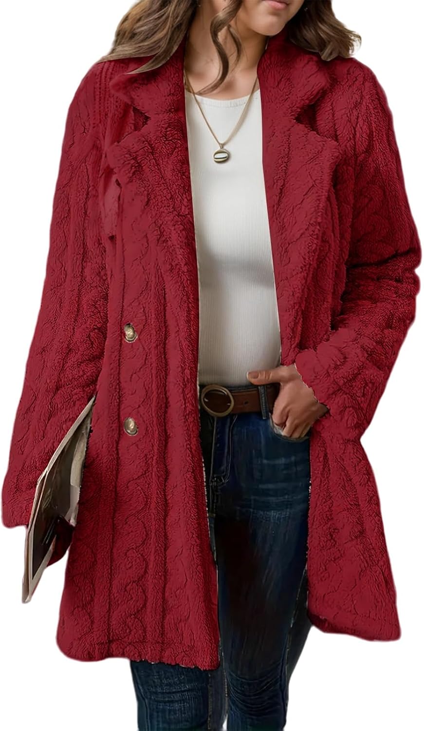 Sherpa Jacket Women Fuzzy Fleece Long Jacket Lapel Long Sleeve Coat Faux Fur Warm Outwear Open Front Cardigan