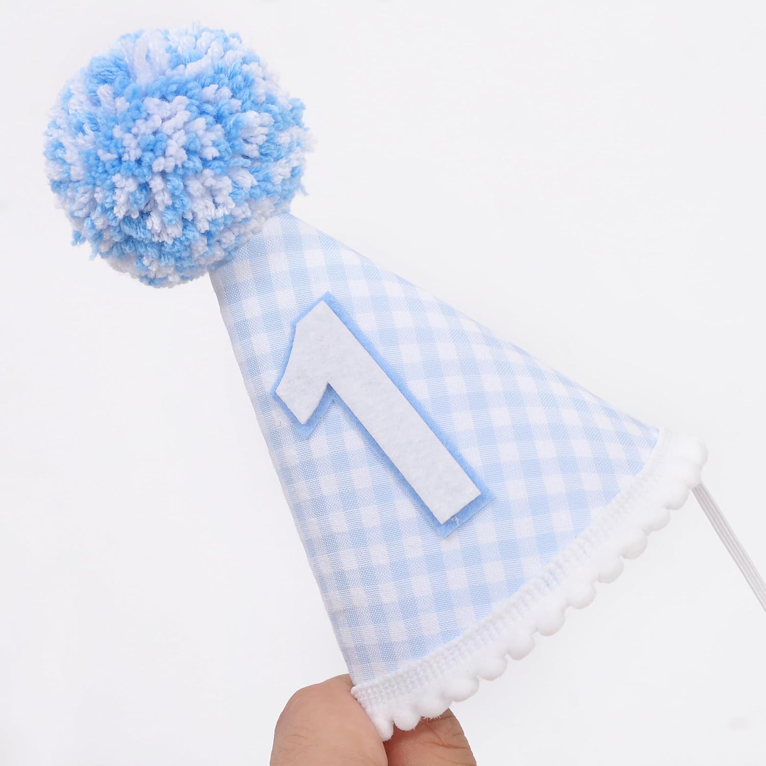 YOUAME Blue Gingham Party Hat - Boy 1st Birthday Party Hats, Baby Blue First Birthday Party Cone Hat, Boys Baby Shower Decorated Headwear, Cake Smash Outfit Props - Image 7