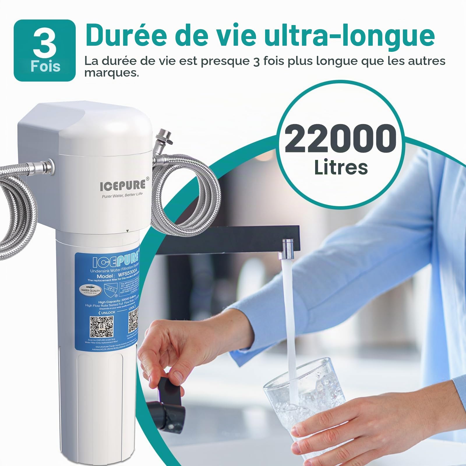 ICEPURE Système de traitement de l'eau sous évier - le raccordement direct élimine 99,99% du chlore, la grande capacité de réduction du chlore de 𝟮𝟮𝟬𝟬𝟬 gallons améliore le goût et l'odeur