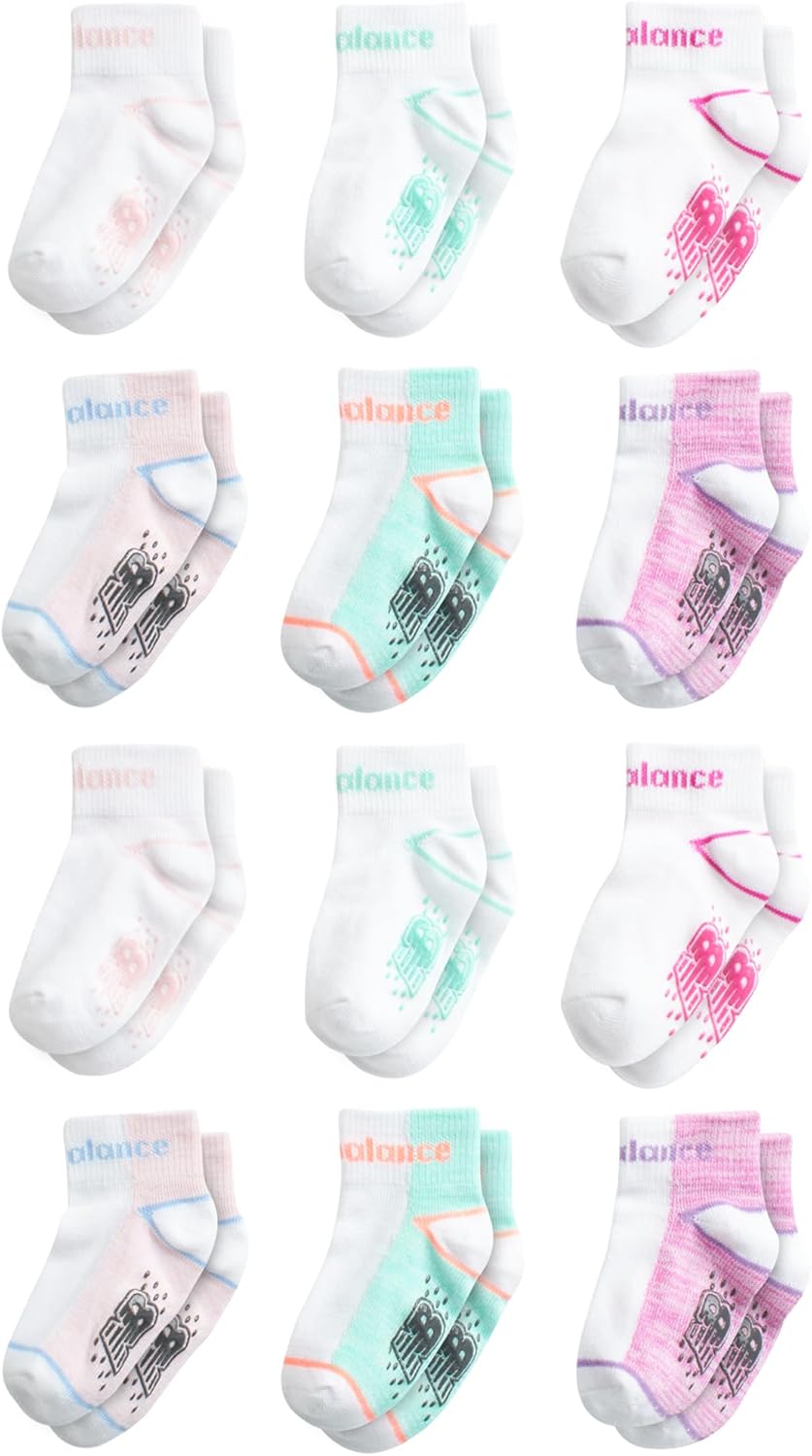 New Balance Baby Girls' Socks - 12 Pack Quarter Cut Socks - Non-Skid Gripper Socks (InfantToddler)