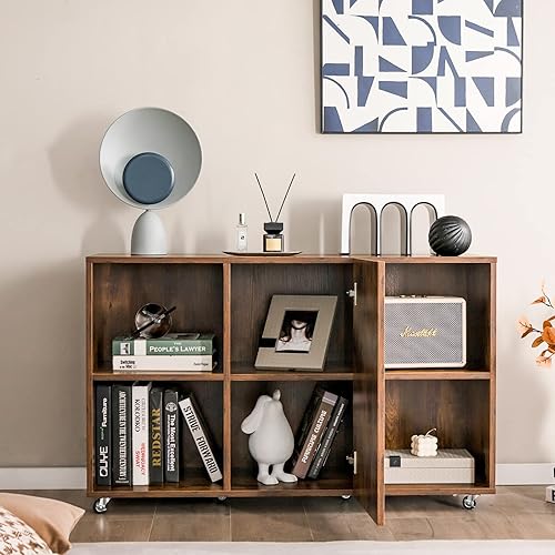 Miniatura 11 de Tangkula Estantería de madera con ruedas, gabinete de almacenamiento móvil con 6 cubos, soporte de impresora con estante abierto, archivador lateral