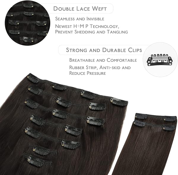 WENNALIFE Extensiones de Clip de Pelo Natural, Castaño Oscuro 150g 50cm 9 Piezas Extensiones Pelo Natural Remy Cabello Humano Extensiones Pelo Natural Clip Double Weft Extensiones de Clip - 3